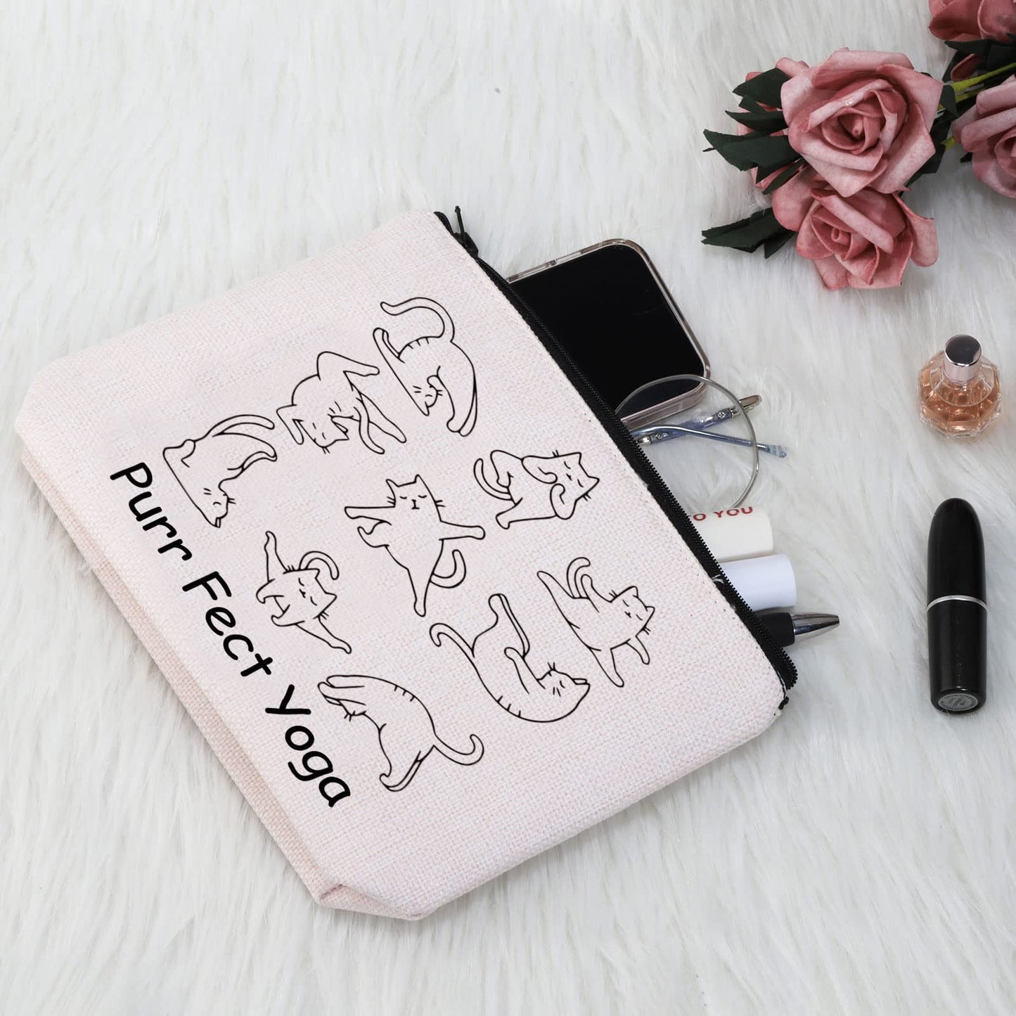 G2TUP Yoga Gift Purr Fect Yoga Makeup Bag Cat Yoga Cosmetic Bag Cat Lover Gift Yoga Instructor Gift Yoga Lover Gift Zipper Travel Pouch (Purr Fect Yoga White Bag)