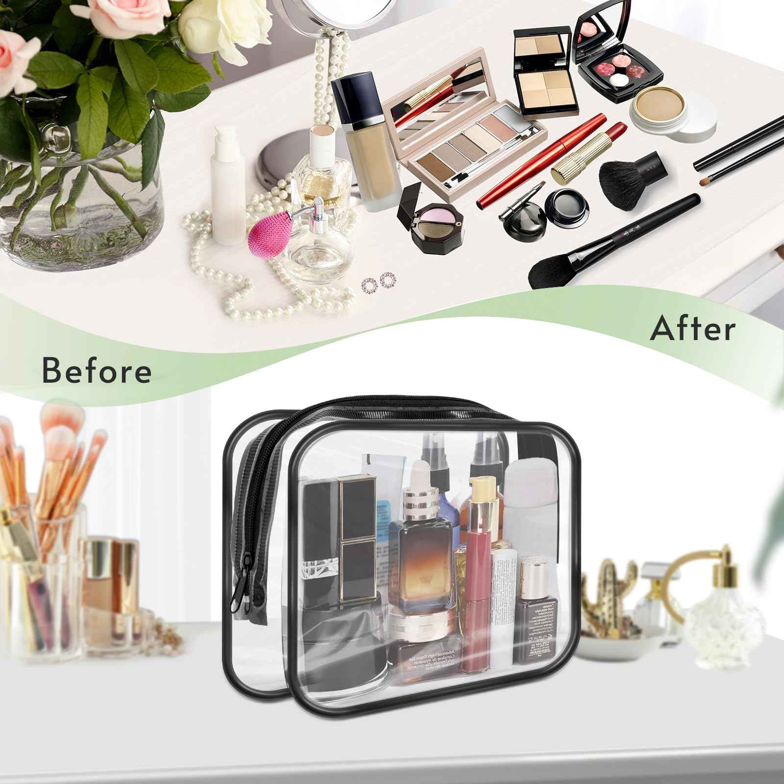 GONITYOU 16 Pieces Clear Makeup Bags Bulk, TSA Approved Toiletry Bags Travel Pouch, Waterproof PVC Plastic Small Clear Cosmetic Bags with Zipper for Organizing (Black Border)