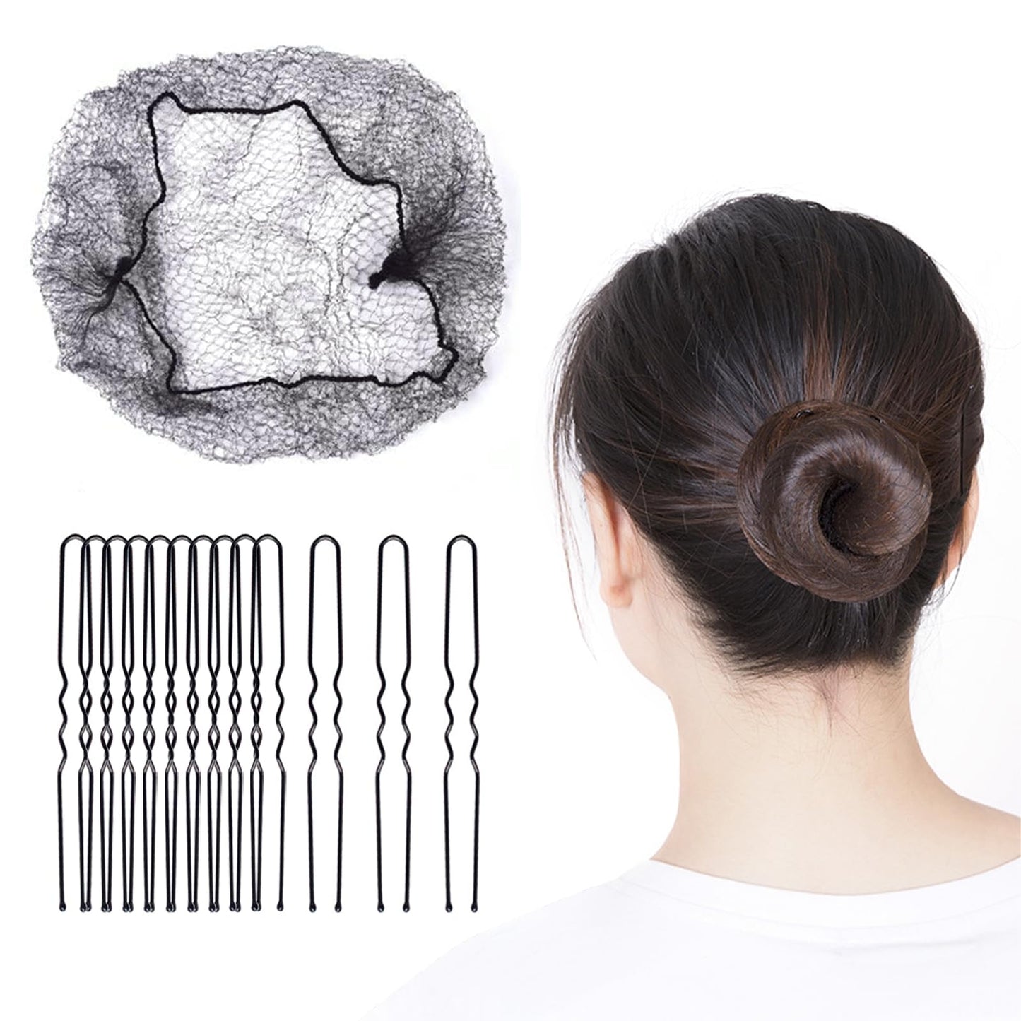 Hair Net, 100PCS 24 Inches Black Hair Nets and 50PCS 2.4 Inches Brown U Hair Pins Set, Hair Nets for Food Service Workers, Hair Bun Making Ballet Dancer and Hair Pins for Women, Men, Girls