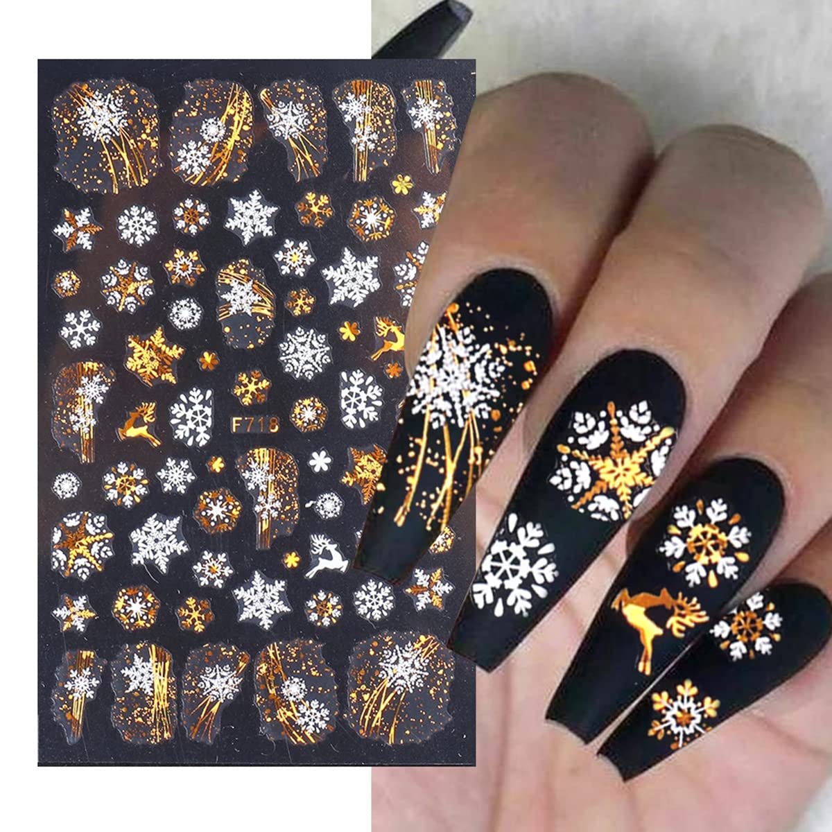 8 Sheets Gold Snowflake Nail Art Stickers Christmas Nail Decals 3D Self-Adhesive Winter Nail Supplies Xmas Snowflake Nail Stickers Bronzing Designs Holiday Nail Charms for Women Girls Nail Decorations