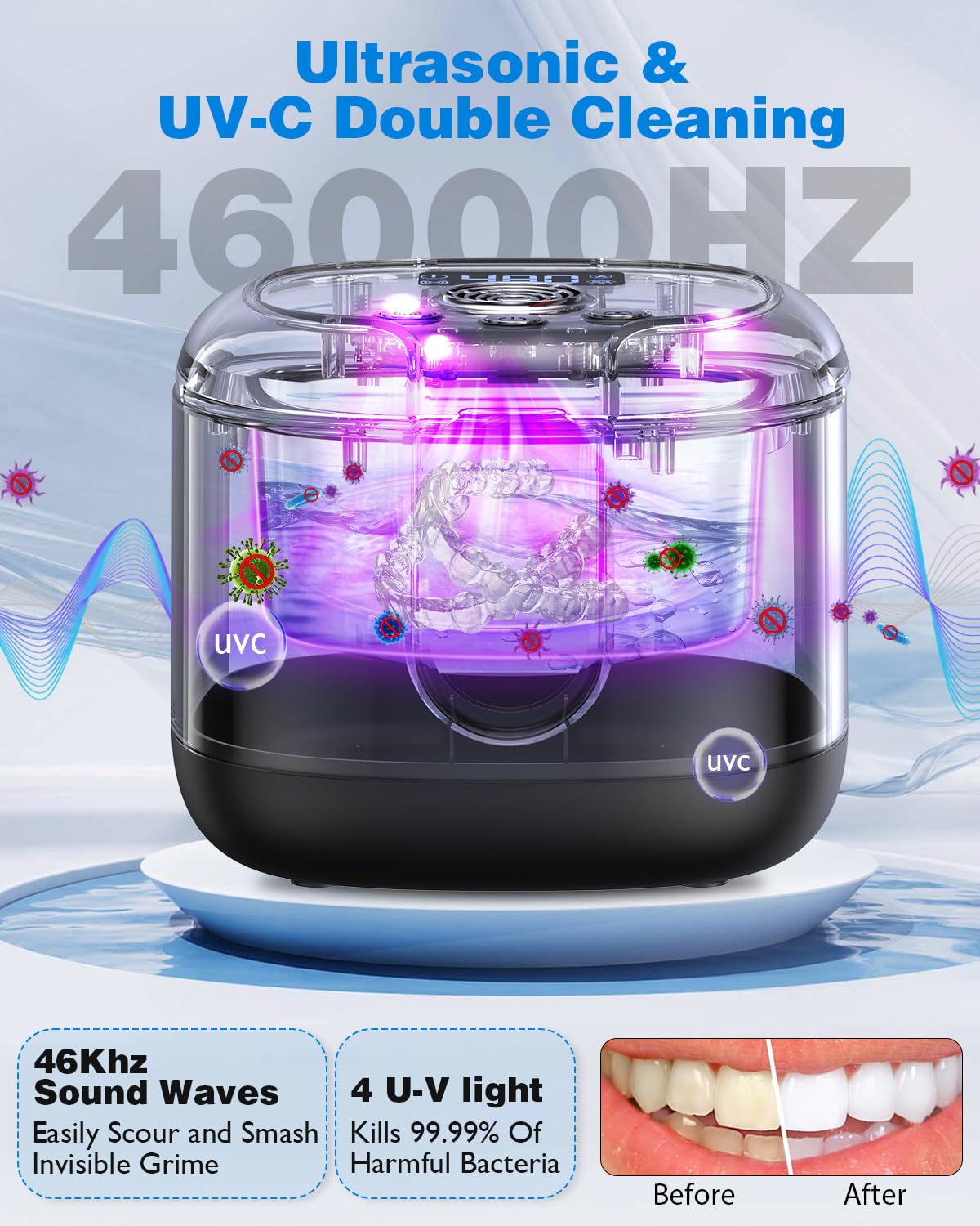 Widit Ultrasonic Retainer Cleaner, Retainer Cleaner Machine with U-V Light & Drying, 46kHz Sonic Cleaner Machine, 4 Modes with Digital Timer for Dentures, Mouth Guard, Braces, Aligner, Jewelry