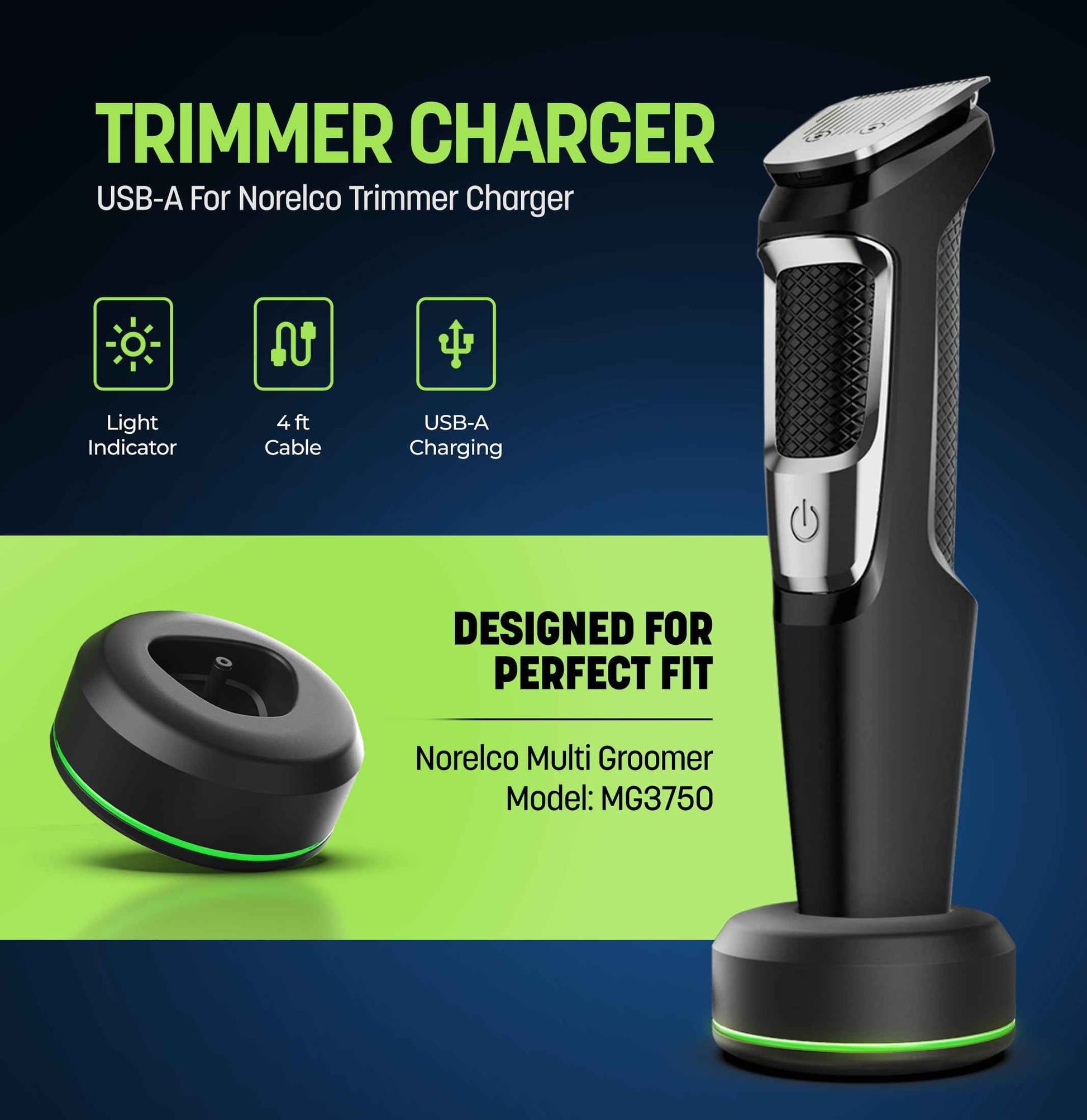 Stand Charger for Philips Norelco Multi-Groomer 3000 Trimmer Models, Free-Standing Charging Dock Base, USB Powered, LED Indicator (MG3750 Single-Pin Models Only)