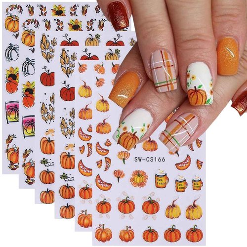 6Sheets Fall Pumpkin Nail Stickers,3D Thanksgiving Day Nail Art Stickers Autumn Maple Leaves Fruit Fallen Leaves Sunflower Design Decals Halloween Holiday DIY Manicure Decoration Accessories