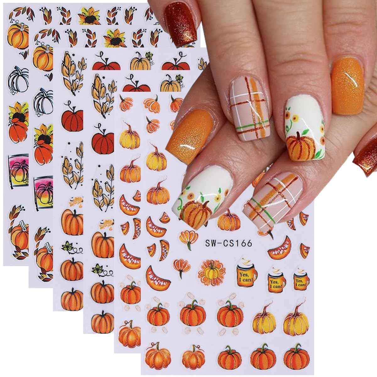 6Sheets Fall Pumpkin Nail Stickers,3D Thanksgiving Day Nail Art Stickers Autumn Maple Leaves Fruit Fallen Leaves Sunflower Design Decals Halloween Holiday DIY Manicure Decoration Accessories