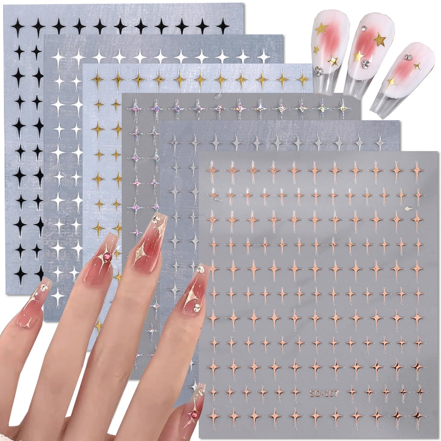 Star Nail Art Stickers 3d Self-Adhesive Acrylic Nail Art Supplies Laser Stars Nail Stickers Gold Silvery Nail Design Stickers Luxury Nail Art Decorations French Manicure Nail Tips Accessories 6 Sheets