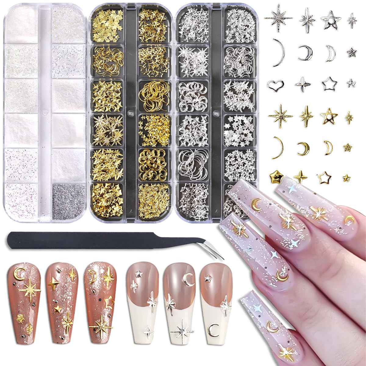 Star Moon Nail Charms for Nails Art 3D Gold Silver Starlight Cross Star Nail Rivet Studs Decoration Alloy Metallic Stars Accessories and Sugar Glitter Powder for Nails Manicure Craft DIY