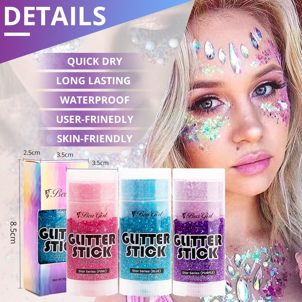 Beagirl Body Glitter Stick Set, Rainbow Face Glitter, Festival Glitter, Cosmetic Glitter - Chunky Glitter for Face, Lips, Eyes, Hair, Party – 3pc Pink Star Glitter, Blue Glitter, Sequin Purple Glitter