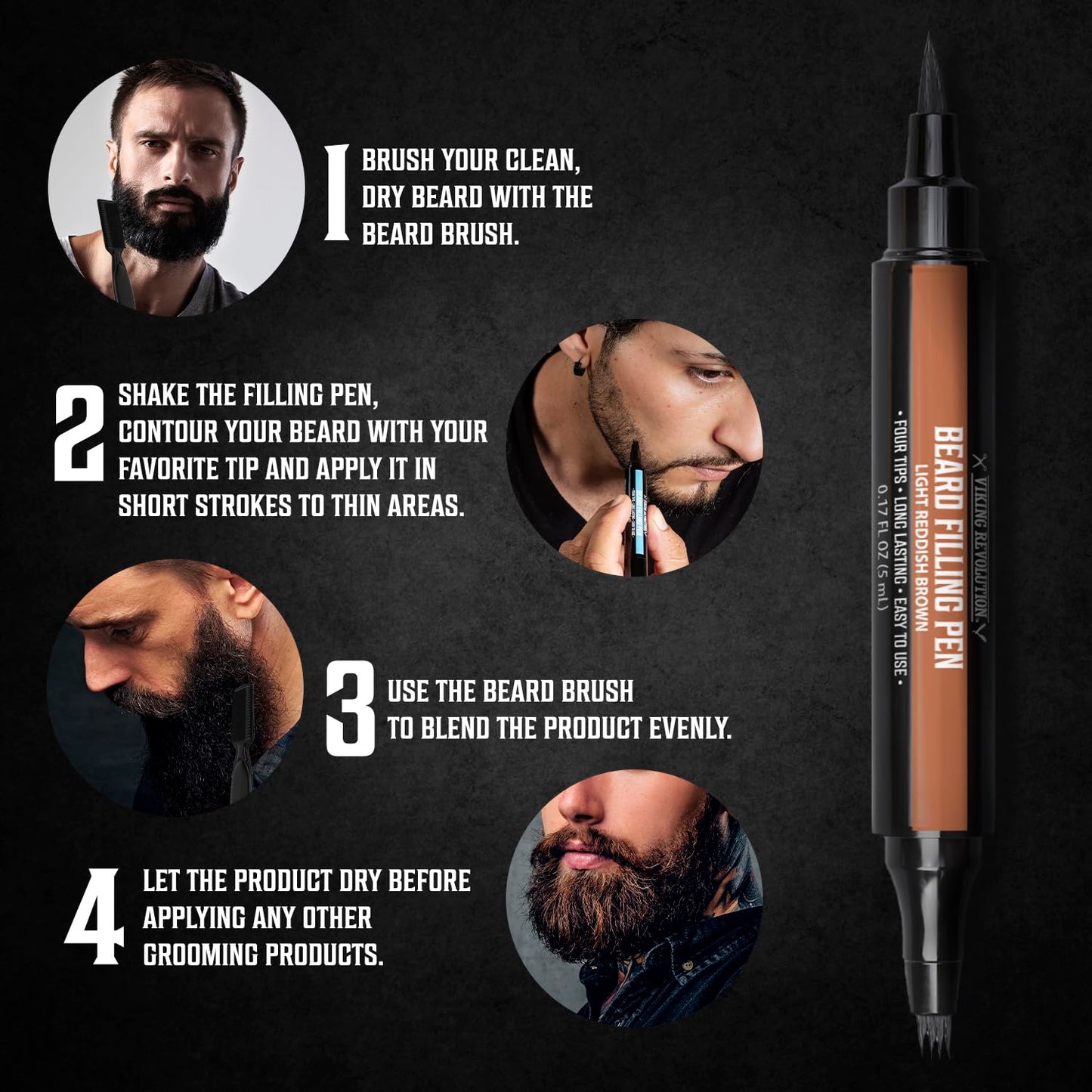 Viking Revolution Beard Pen (2 Pack) - Light Reddish Brown Beard Pencil Filler for Men - Beard Filler for Men Waterproof Beard Filling Pen Kit - Long Lasting Beard Filler Pen with Brush