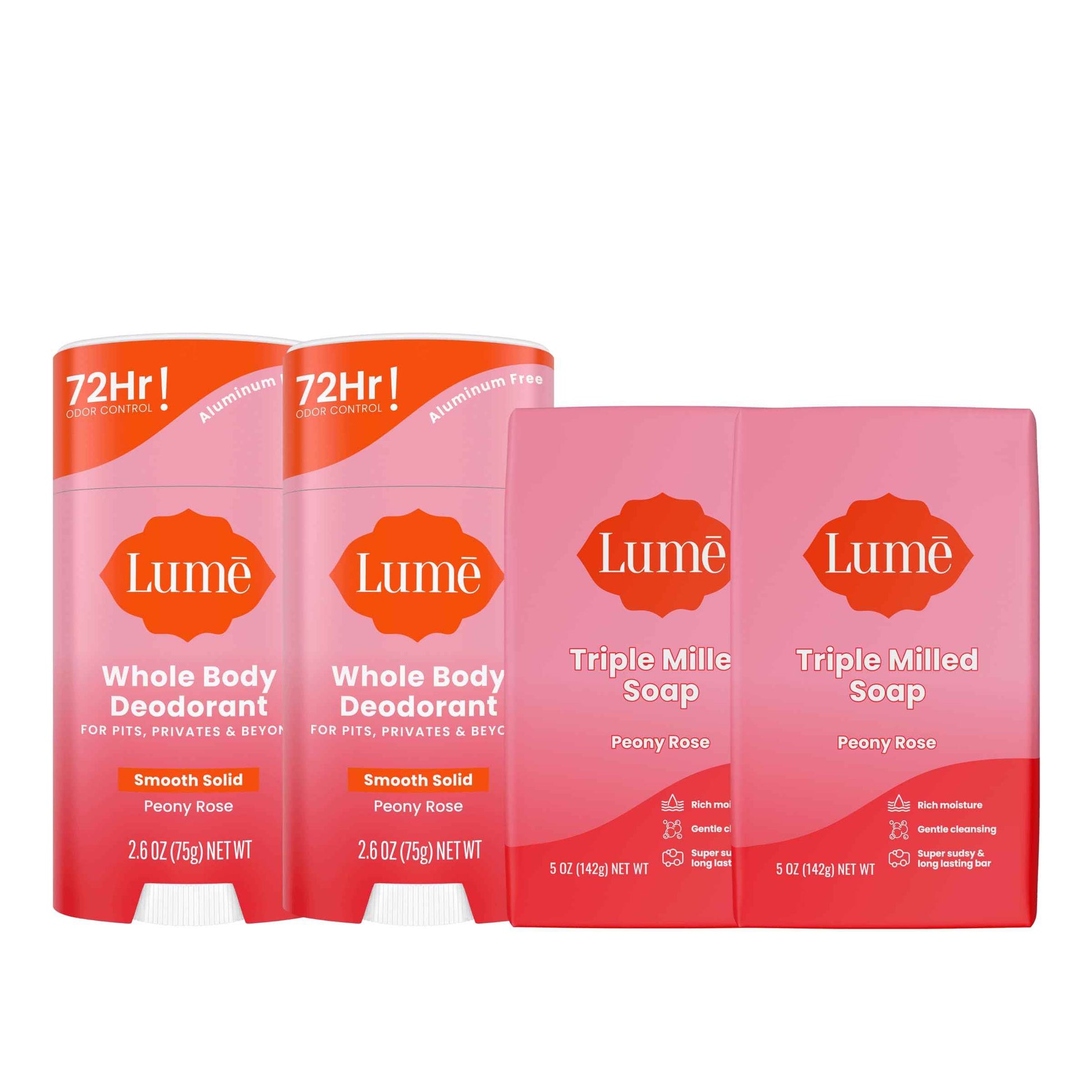 Lume Whole Body Deodorant And Soap - 2.6 Ounce Smooth Solid Stick With 72 Hour Odor Control (Pack of 2) and 5 Ounce Triple Milled Soap (Pack of 2) - Aluminum and Baking Soda Free (Peony Rose)