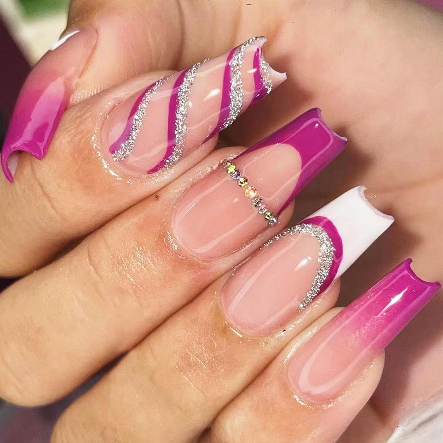 French Tip Press on Nails Long Coffin Fake Nails Purple Swirls Glue on Nails Nude Translucent Nails Press ons Silver Glitter Acrylic Nails 3D Rhinestones & Ombre False Nails for Women 24Pcs