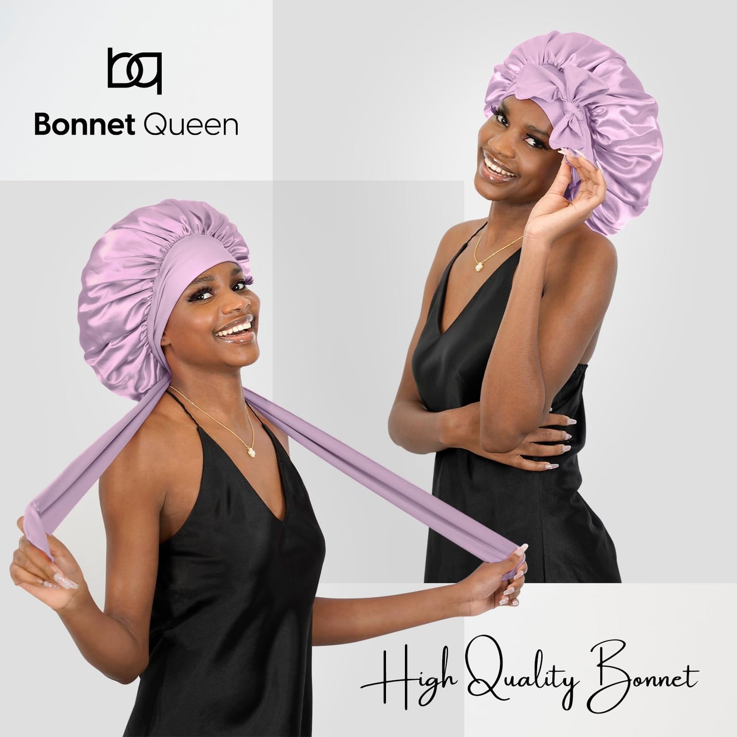 BONNET QUEEN Silk Bonnet for Sleeping Women Satin Bonnet Hair Bonnet Night Sleep Cap for Curly Hair with tie Band Lilac Grey