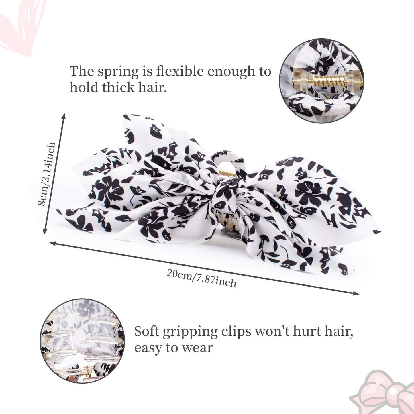 Hadutrek Hair Clips Claw Clip 2PCS Big Hair Bows for Women Flower Claw Clips for Women Black White Butterfly Hair Clips for Styling Large Hair Clips for Thick Hair for Girls Hair Accessories