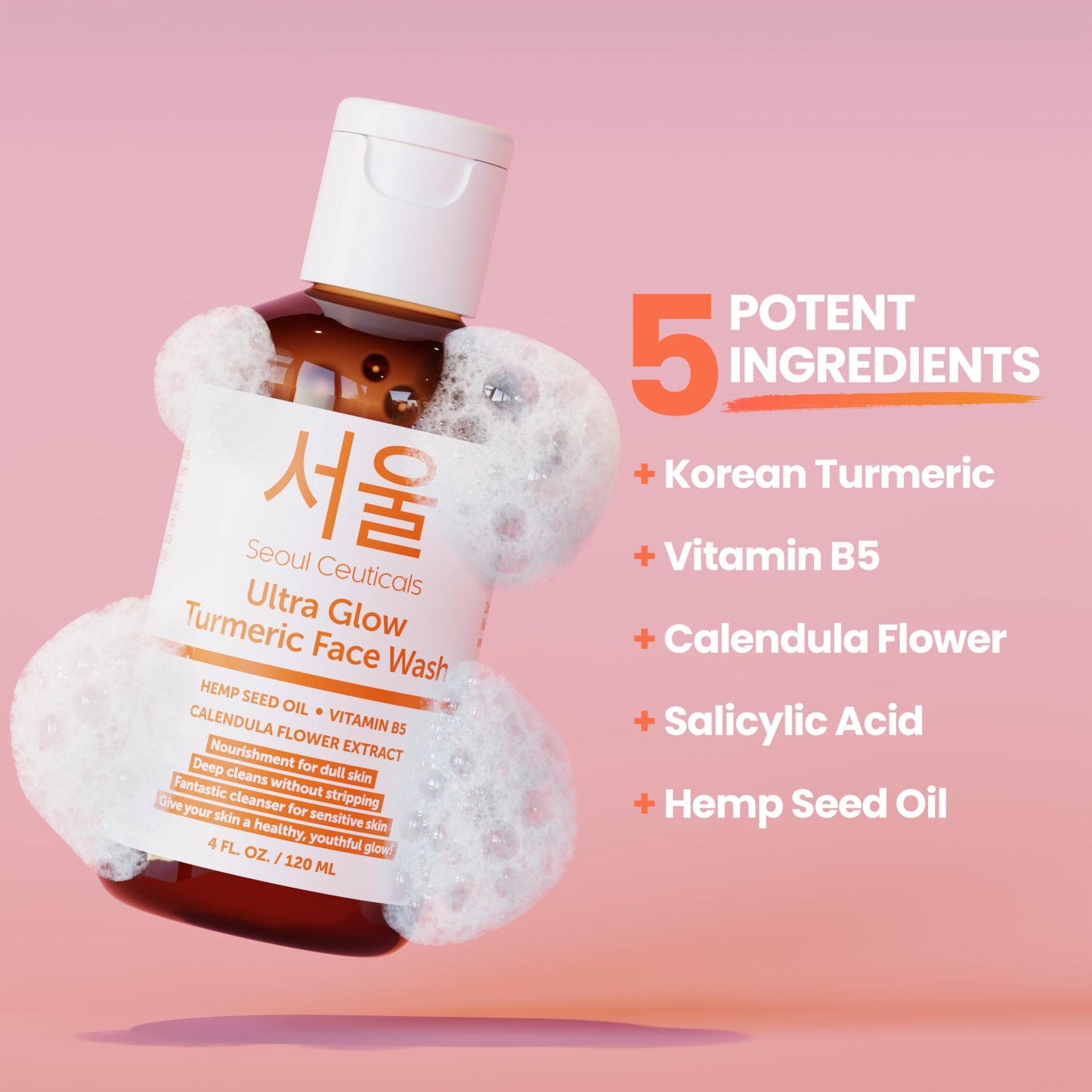 SeoulCeuticals Korean Turmeric Face Wash Cleanser – Vegan Cruelty Free Korean Skincare Facial Cleanser – K Beauty Skin Care for Dry Sensitive Skin 4oz