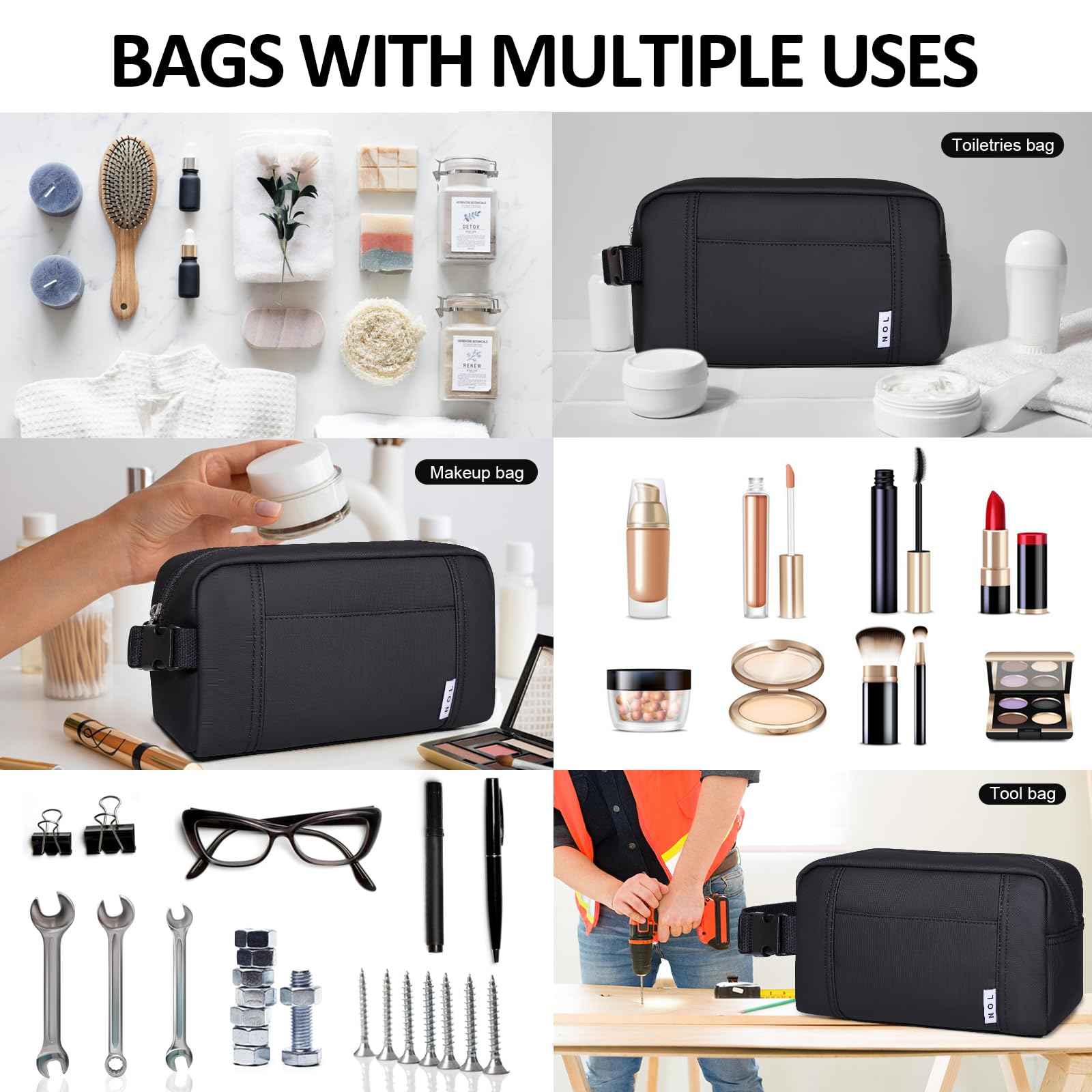 NOL Natural Organic Lifestyle Nylon Makeup Bag Lightweight Travel Toiletry Bag for Adults, Reusable, Zip Closure with Buckle Handle, Snack Bag, Travel Cosmetic Bag, Black