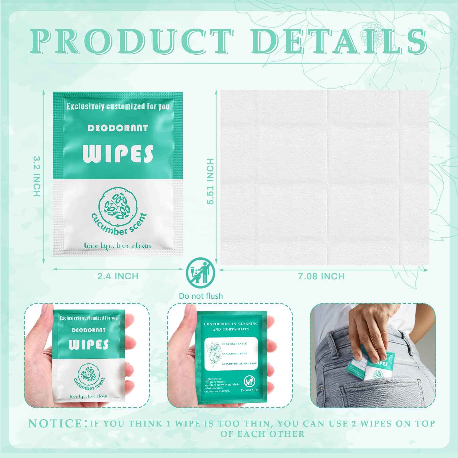 Timgle 200 Count Deodorant Wipes Bulk Individually Wrapped Travel Size Wipes for Men Women Body Underarm Deodorant Remove Sweat Sports Travel Clean Skin Daily Use Female Male(Green)