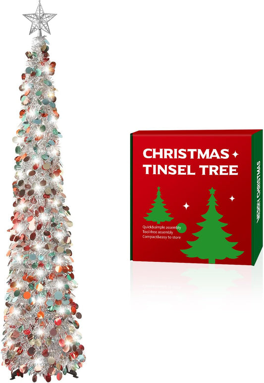 SURCVIO 5FT Pop Up Christmas Tinsel Tree with 2 Modes 50 LED Lights and Colorful Sequins Ornaments, Easy-Assemble and Store for Xmas Home Holiday Fireplace Party Decorations (Silver)