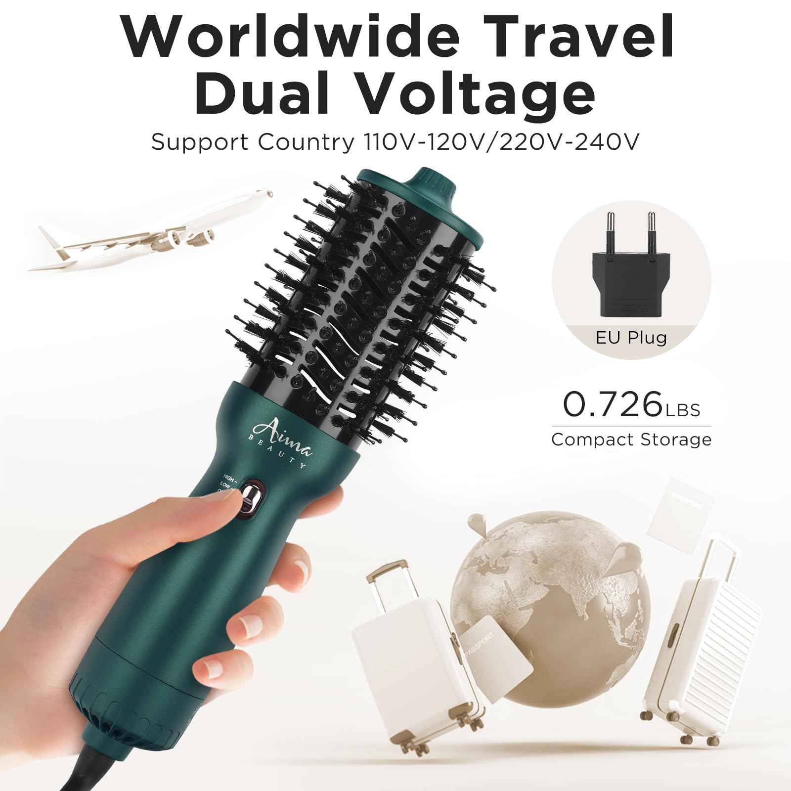 Aima Beauty Hair Dryer Brush Dual Voltage Worldwide Travel Blow Dryer Brush Hot Air Brush Oval Barrel 110-120V/220-240V 360°Airflow,Negative Ionic Frizz-Free Dry/Straightening/Voluming, Dark Green