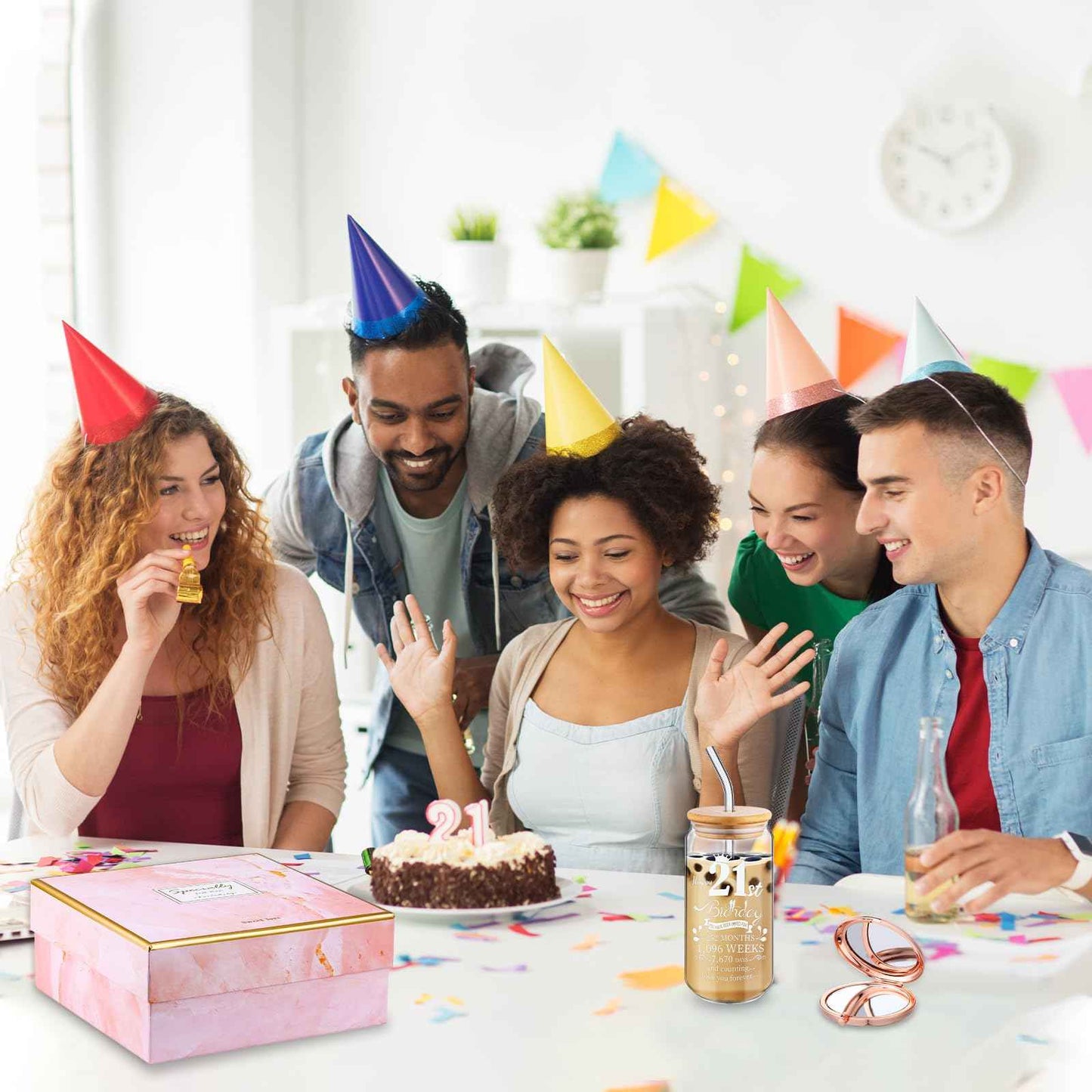 Yungyan 9 Pcs 21th Birthday Gifts for Her Bday Gift Basket Include Makeup Bag 18 oz Glass Cup Socks Keychain Thank You Card Funny Unique Present for Mom Women Female Daughter Born in 2004, 21 Fabulous