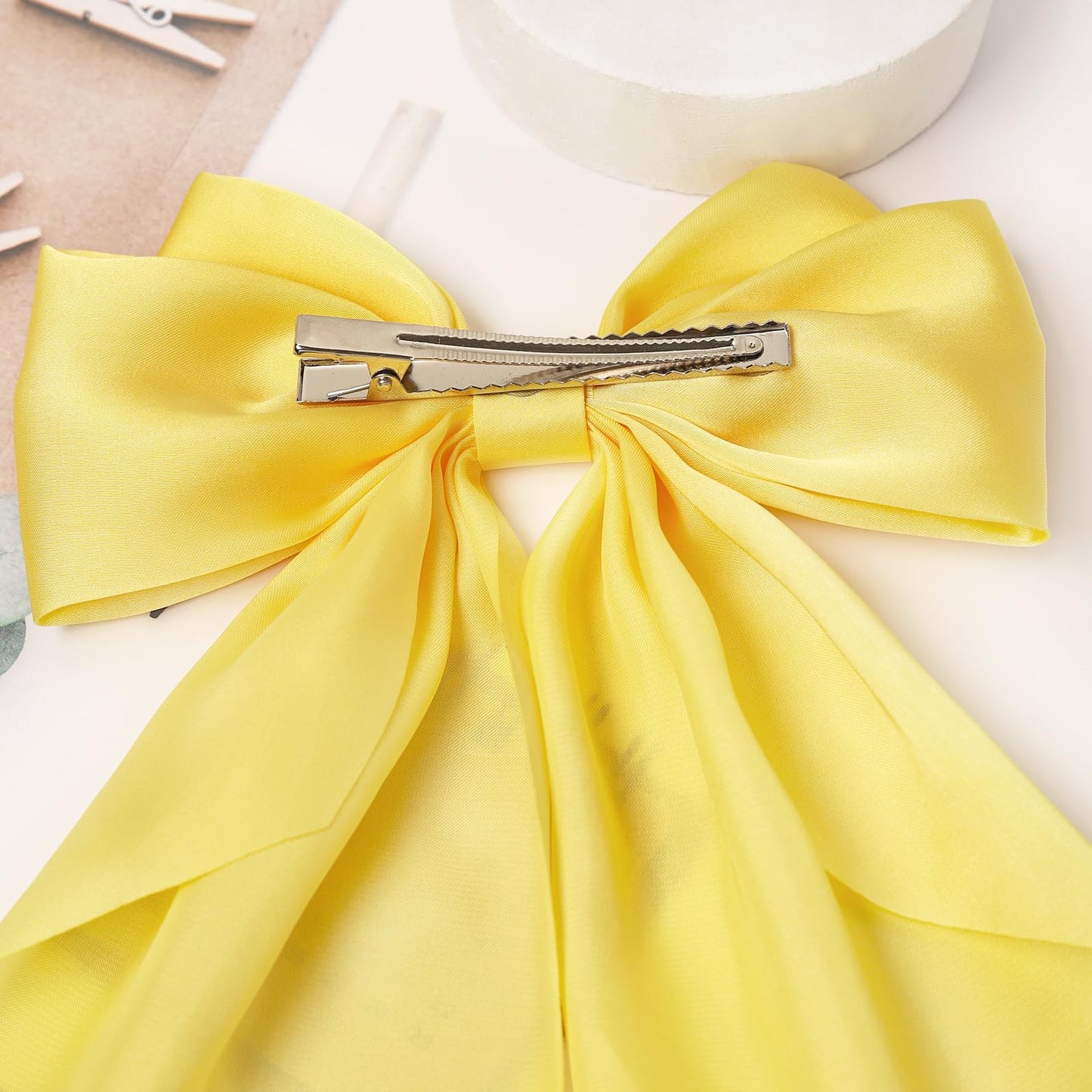 Furling Pompoms Hair Bows for Women - Pack of 2 Yellow Hair Bow Clips for Girls Satin Big Bows Long Tail Alligator Clip Ribbon Hair Barrette Hair Accessories for Bridal Bachelorette Party