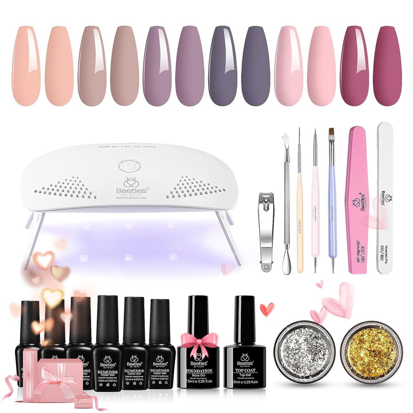 Beetles Gel Nail Polish Kit with U V Light, Gel Polish Starter Kit Soak Off Nude Gray Purple Mauve Light Pink LED Nail Lamp Base Gel Top Coat DIY Home Valentines Day Gifts for Her