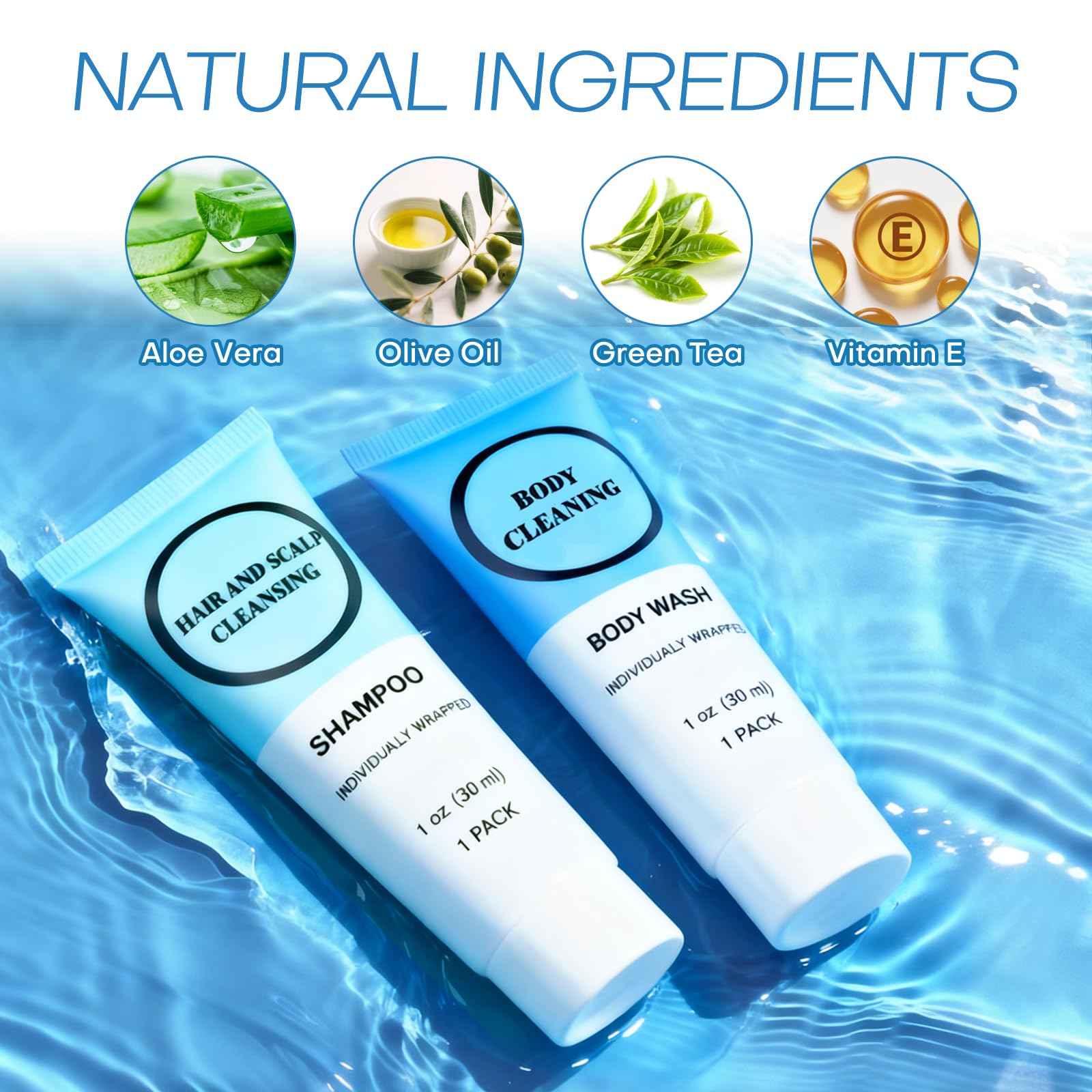 RSQAZQ Travel Size Shampoo and Body Wash Bulk, Individually Wrapped Hotel Mini Shower Gel and Small Men Women Cleansing Toiletries Amenities for Hotel/Vacation/Homeless 1 oz (3.7inch, Count, 60)