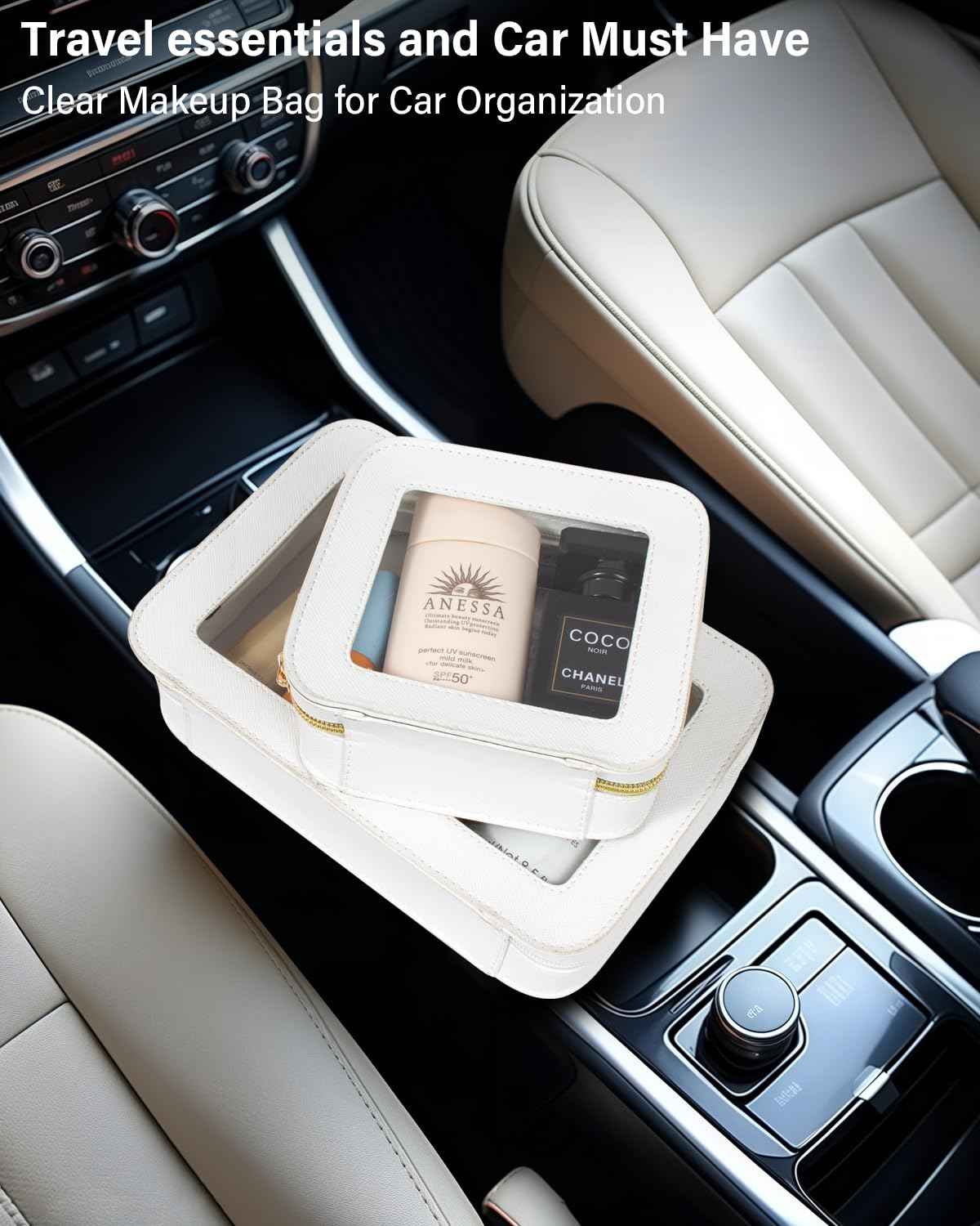 LETGO Clear Makeup Bag Set for Women Portable Travel Toiletry Bag Cosmetic Bags TSA Approved Travel Cosmetic Bag for Car Accessories for Women(White, Standard + Mini)