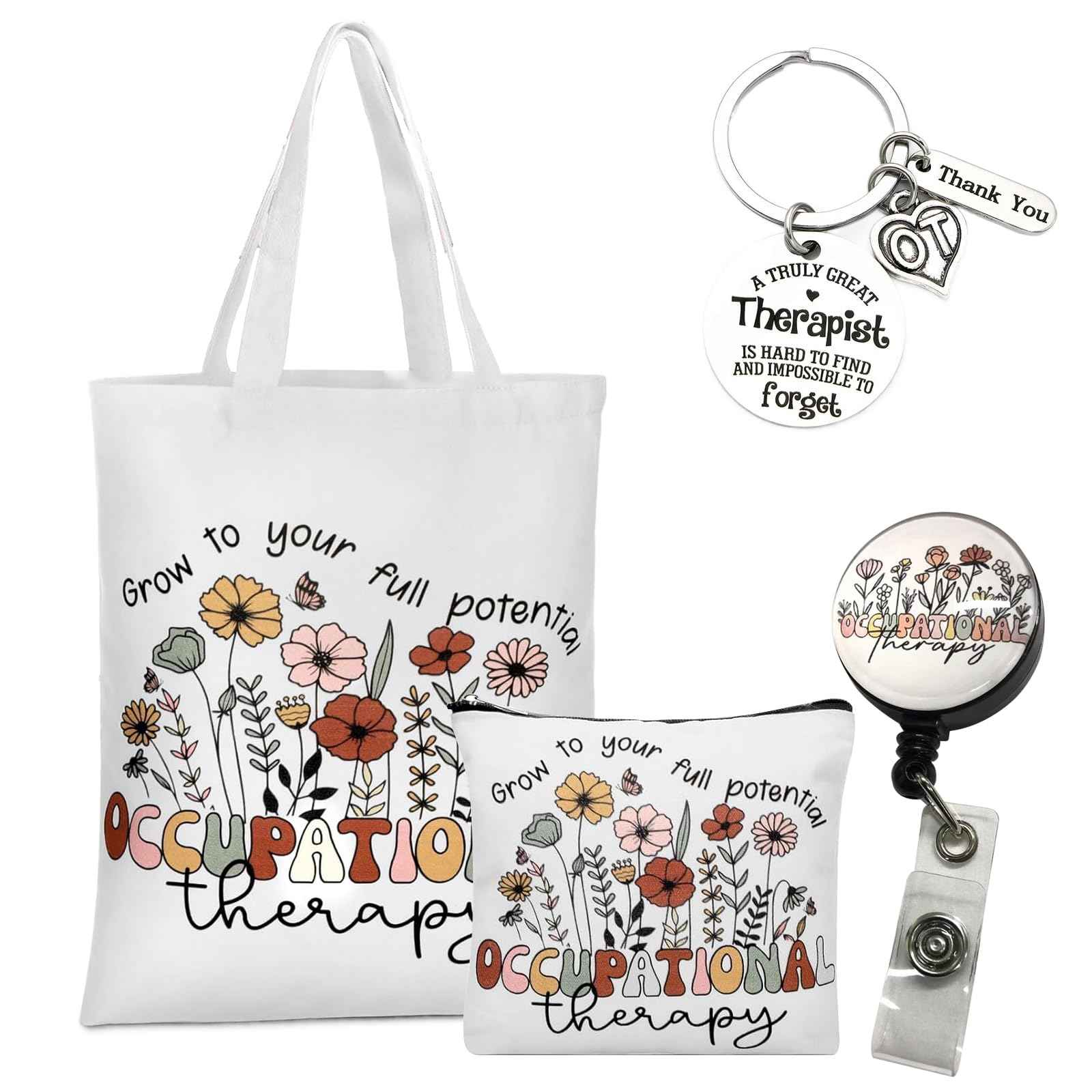 Occupational Therapy Gifts, Occupational Therapy Bag, 4 Pcs That Can Be Given to Professional Medical Practitioner, Including Tote Bag, Makeup Bag, Key Chain and Badge Holder to Show Your Appreciation