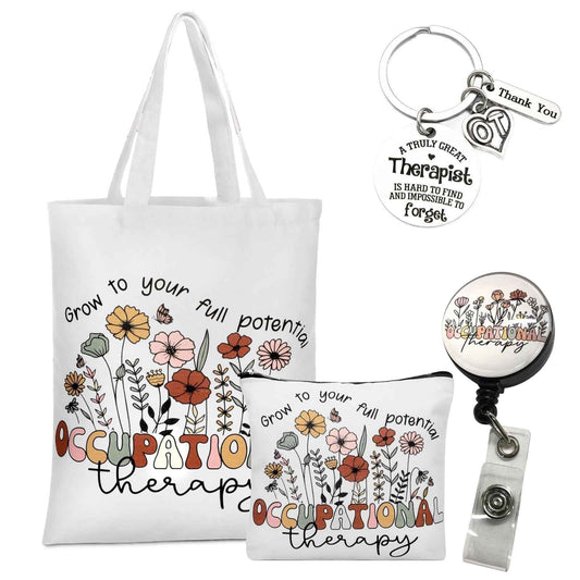 Occupational Therapy Gifts, Occupational Therapy Bag, 4 Pcs That Can Be Given to Professional Medical Practitioner, Including Tote Bag, Makeup Bag, Key Chain and Badge Holder to Show Your Appreciation