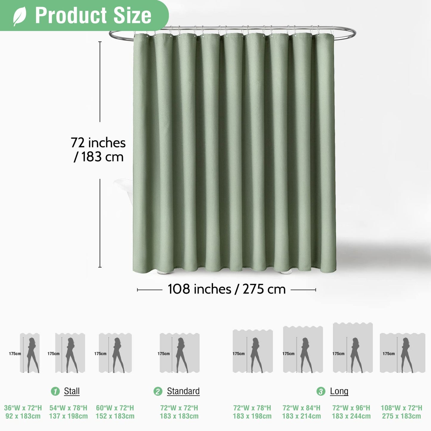 Dynamene Extra Wide Shower Curtain-108 Inch Wide Waffle Weave Weighted Thick Cloth Bathroom Shower Curtain, Neutral Heavy Duty Hotel Bath Curtain Set with 18 Plastic Hooks,108x72, Sage Green