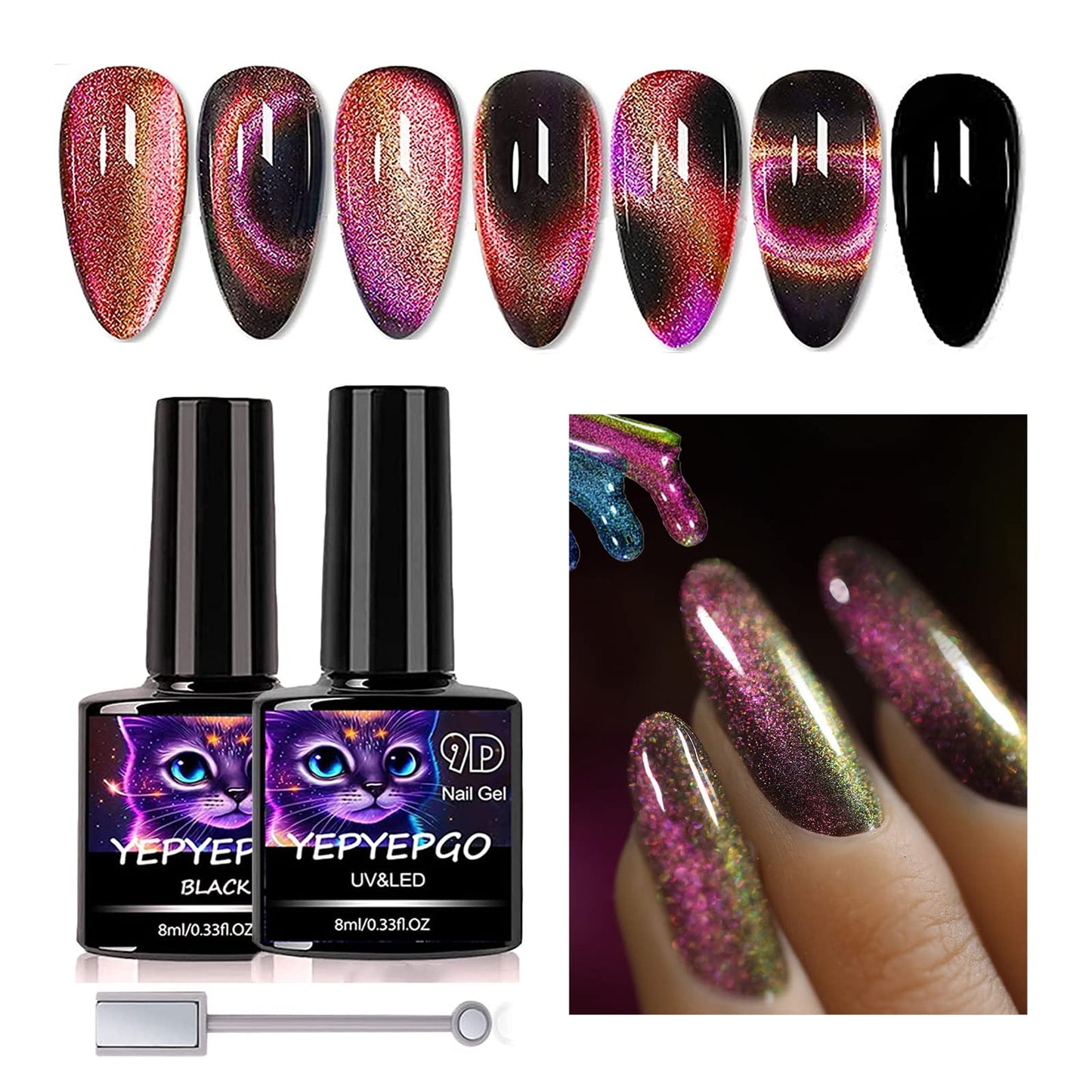 YEPYEPGO 9D Cat Eye Gel Nail Polish, Red and Yellow 9D Cat Eye Gel with Magnet Stick, Black Gel Nail Polish, Professional Magnetic Gel Polish Galaxy Chameleon Effect -BB