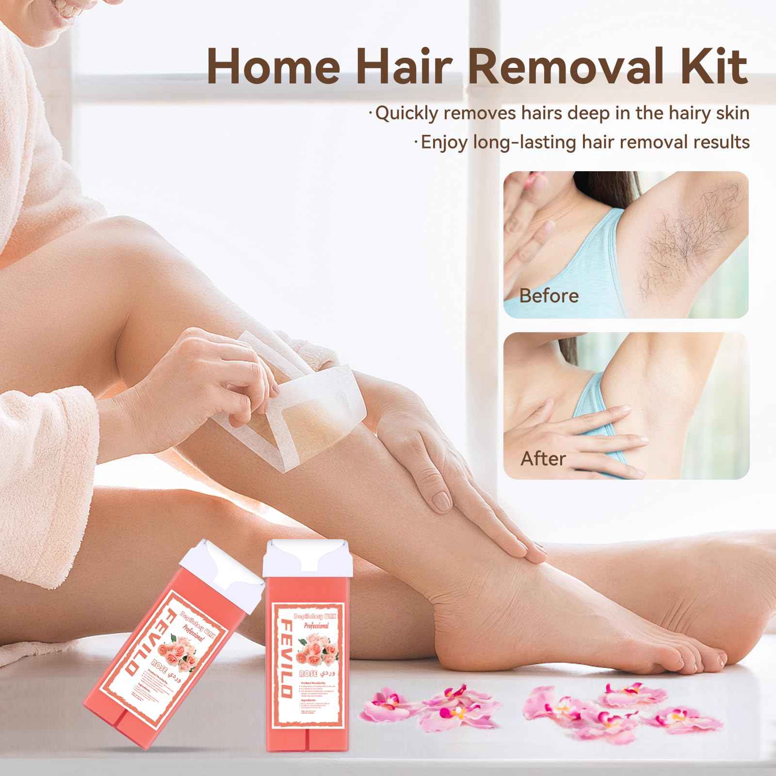FOCTXI Hair Removal Kit for Hair Removal for Women and Men with Strip, Roll On Wax Kit with 2 Rose Soft Wax Cartridge & 100 Non-Woven Wax Strips, at Home Waxing Kit for Women, Soft, Pink