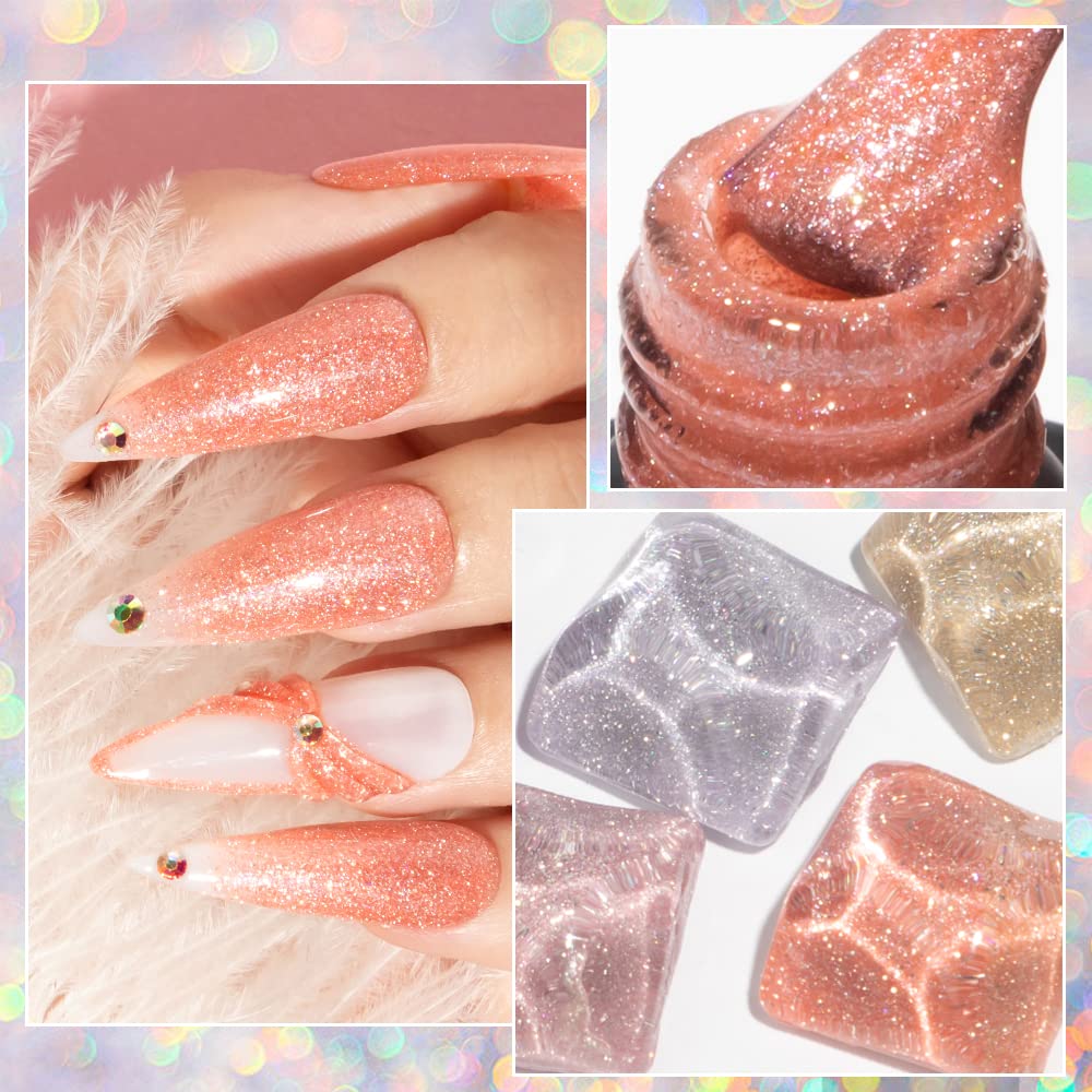 MIZHSE Reflective Base Nail Polish Gel 10ml, 2 In 1 Glitter Shiny Rubber Base Gel Nail Art Soak Off Shimmery Manicure Set for Home Salon 6 Pcs