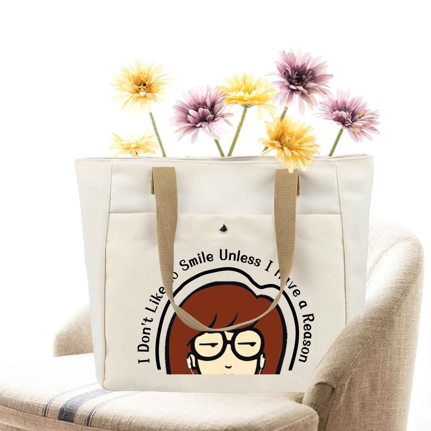 CMNIM Cartoon Merchandise Gift I Don't Like To Smile Unless I Have a Reason Larger Tote Bag 90s TV Show Merch for Fans