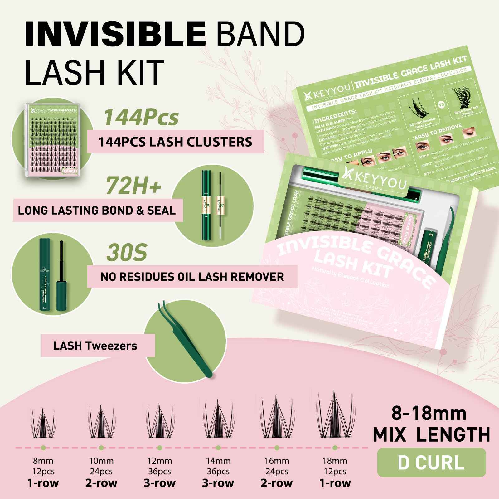 KEYYOU Fairy Lash Clusters Kit, Manga Eyelash Extension Kit at Home, 144pcs D Curl Wispy Natural Invisible Band Lash with Waterproof Lash Extensions Kit (Fairy-D-8-18MIX)