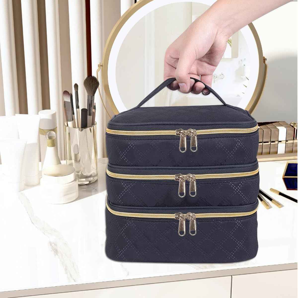 LANDFOBO Large Makeup Bag 3 Layers with Handle Travel Makeup Bag Organizer Toiletry Accessories Bottles, Brushes, and Skin Care Products (Black)