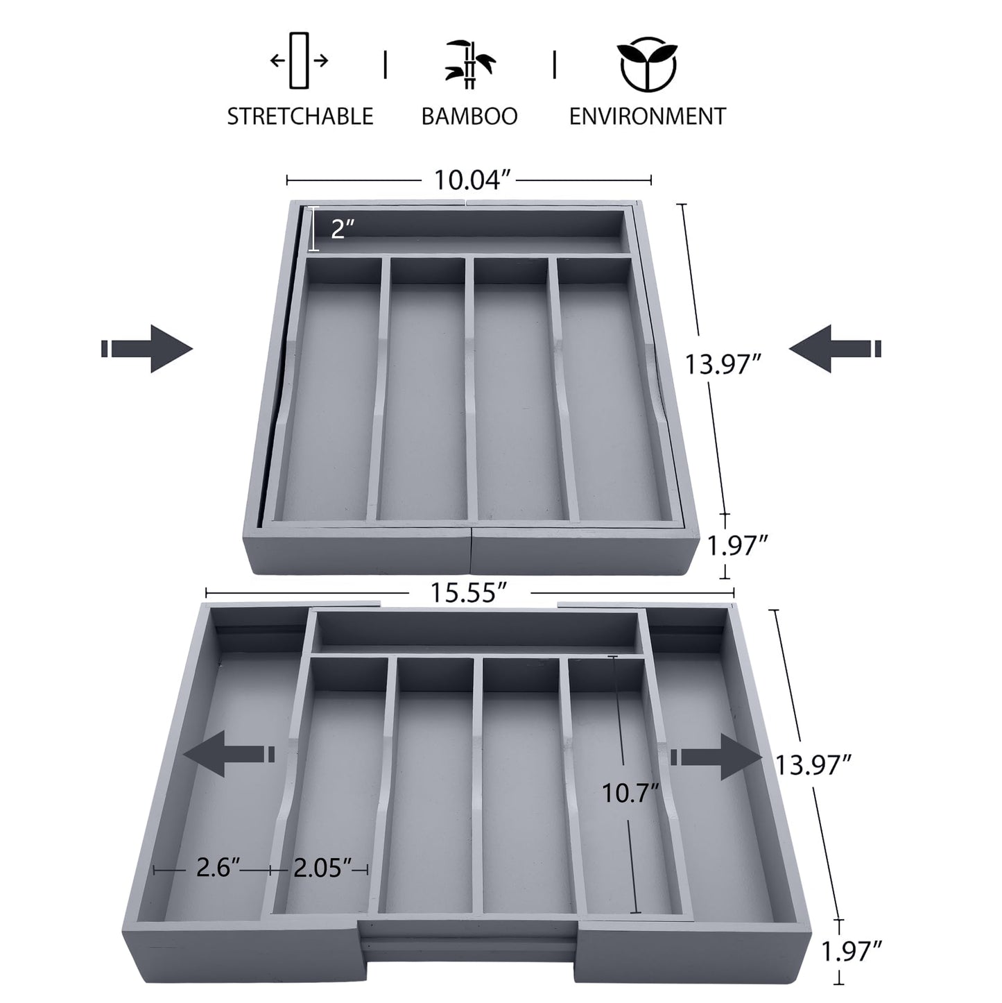 oridom Expandable Bamboo Kitchen Drawer Organizer for Cutlery and Utensils, Adjustable Bamboo Wood Cutlery Tray in Drawer for Flatware and Silverware in Kitchen, (Grey)