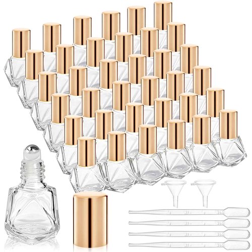 ELFULLY 36 Pack Essential Oil Roller Bottles, 8ml/0.27oz Empty Roll On Bottle, Glass Polygonal Roller Ball Applicator, Perfume Vials with Stainless Steel Roller Ball for Travel, 4 Dropper, 2 Funnel