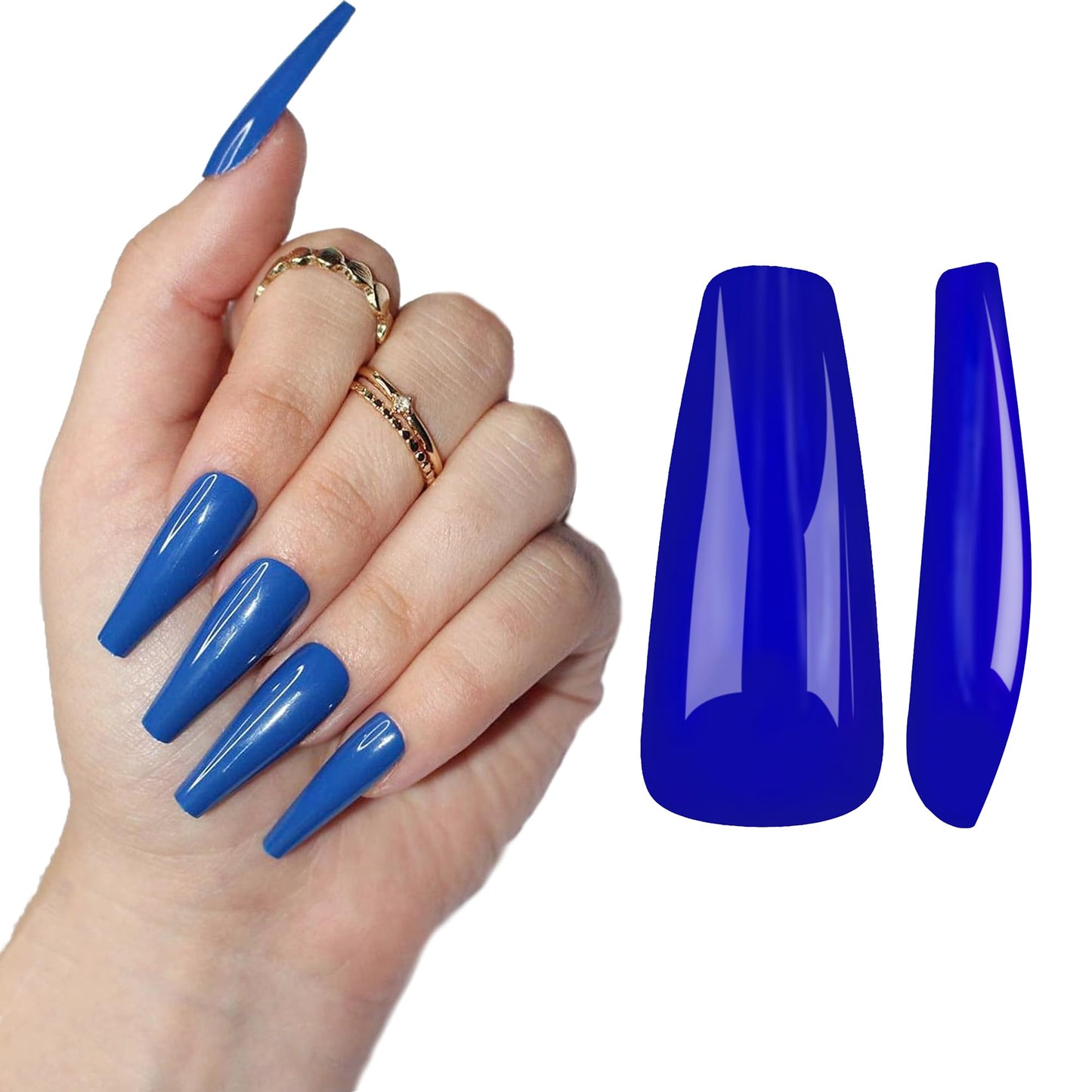 Allkem Press On Nails - Royal Blue Glossy Extra Long Ballerina 2 Set Bundle | 10 sizes - 20 pcs False Nails Full Cover Nail Kit with Glue