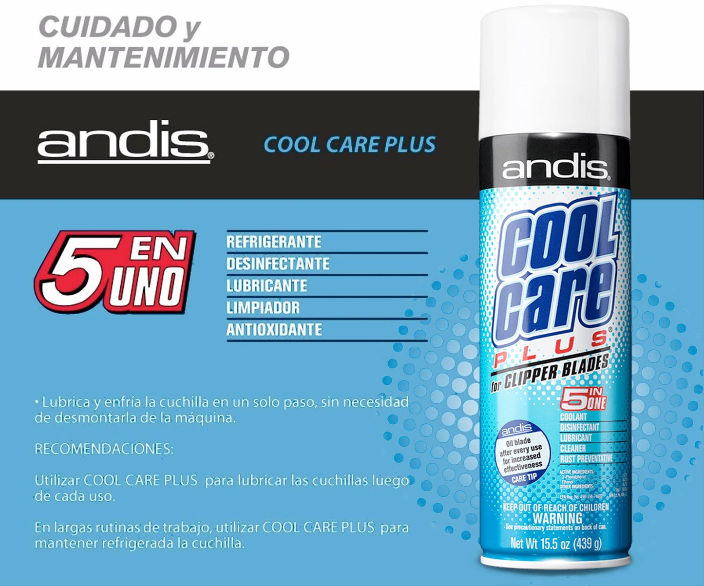 Andis 12750 Cool Care Plus 5-in-1 Clipper Spray, 15.5 oz Can, Blade Care and Treatment, Blue (Pack of 2)