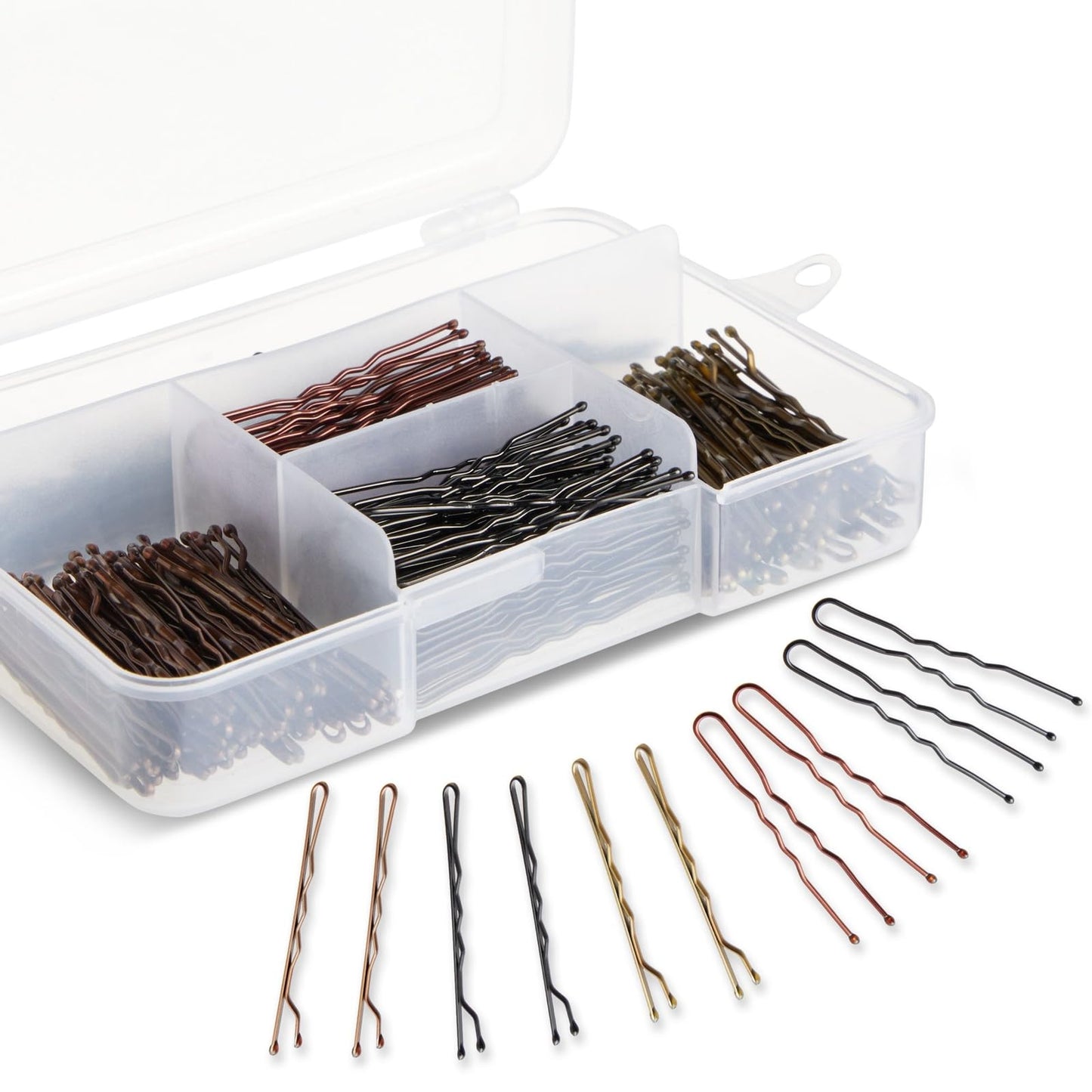 Okuna Outpost 360 Pack 2 Inch Hair Pins with Clear Holder, Bulk Set of Bobby Pins in 2 Styles and 4 Colors