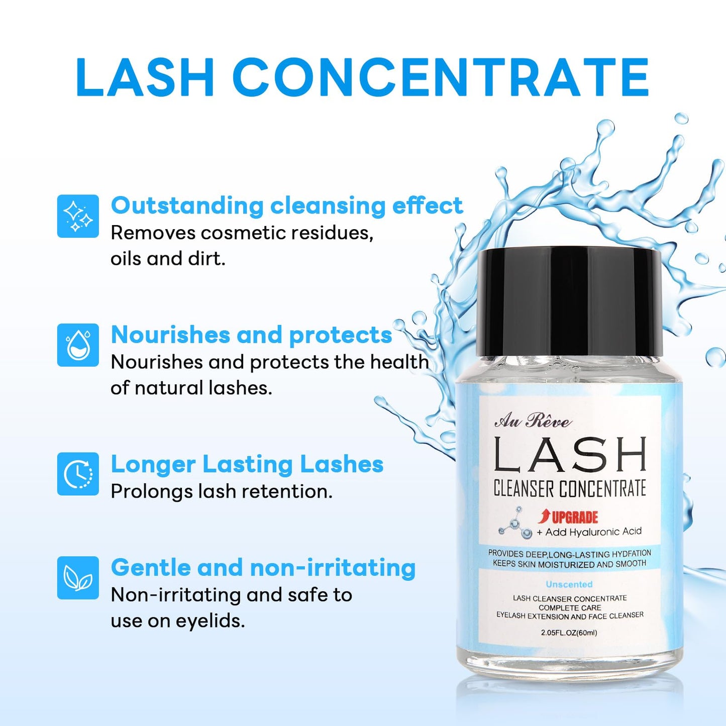 AuReve Lash Shampoo Concentrate 60ml Lash Cleanser Concentrate Add Hyaluronic Acid Oil-Free Lash Extension Shampoo Perfect for Salon，Unscented