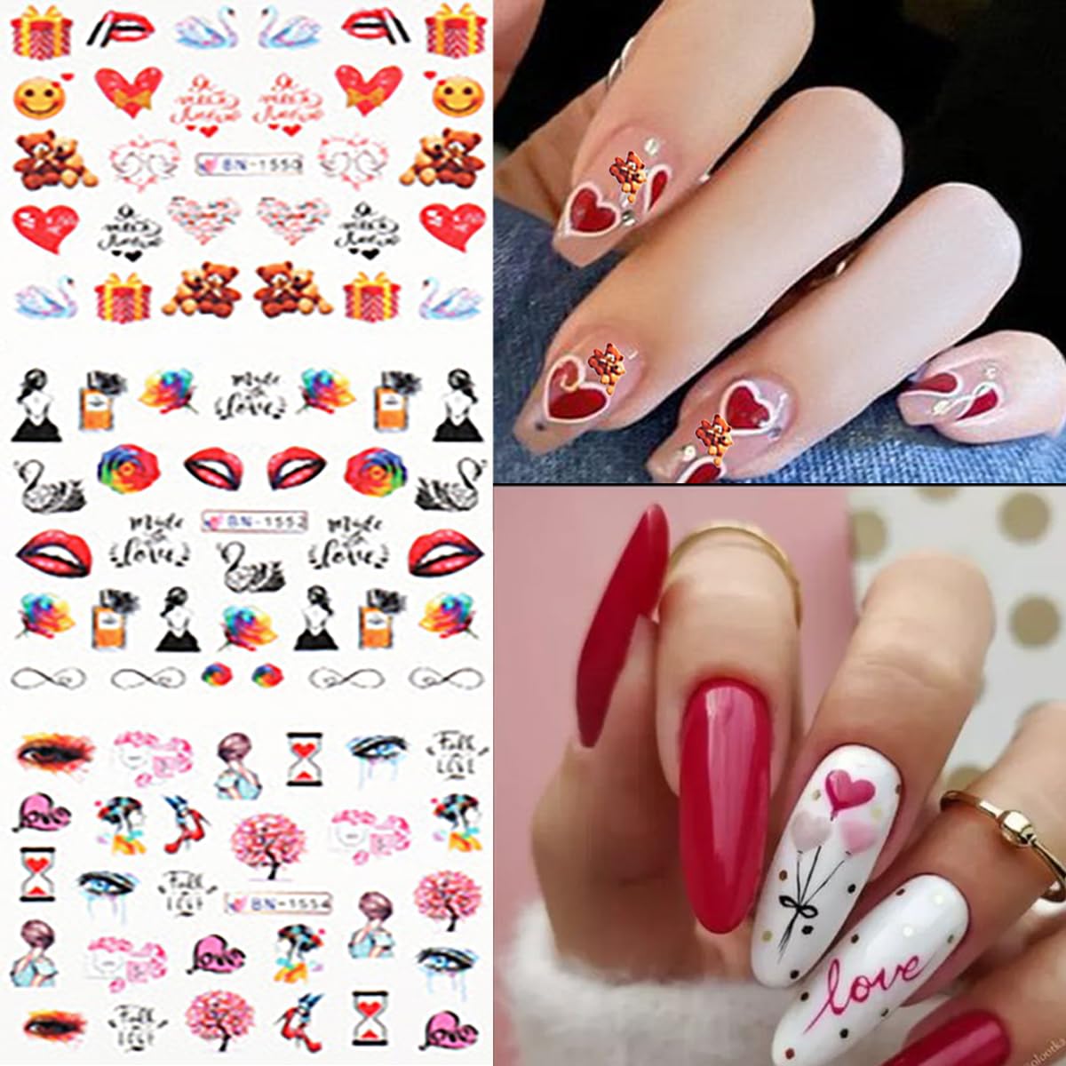 12 Sheets Valentine's Day Nail Stickers Water Transfer DIY Self-Adhesive Nail Stickers Heart Rose Love Sexy Lips Lipstick Valentines Nail Art Tattoo Stickers Nail Decoration for Women Girls