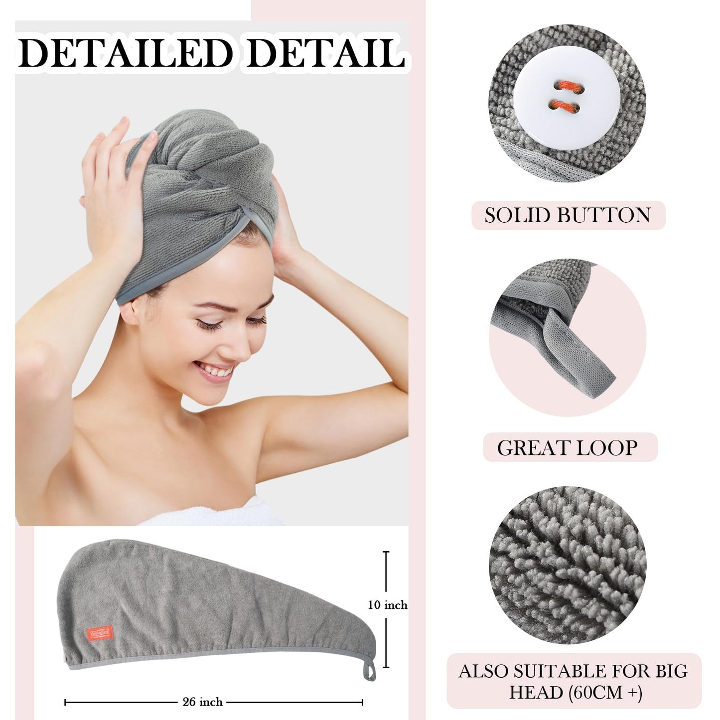 Ultra Plush Microfiber Hair Towel Wrap for Women, 3 Pack 10 inch X 26inch Purple, Ultra Absorbent Twist Hair Turban Drying Cap Hair Wrap, For Drying Curly, Long & Thick Hair (Gray+White+Peachy Beige)