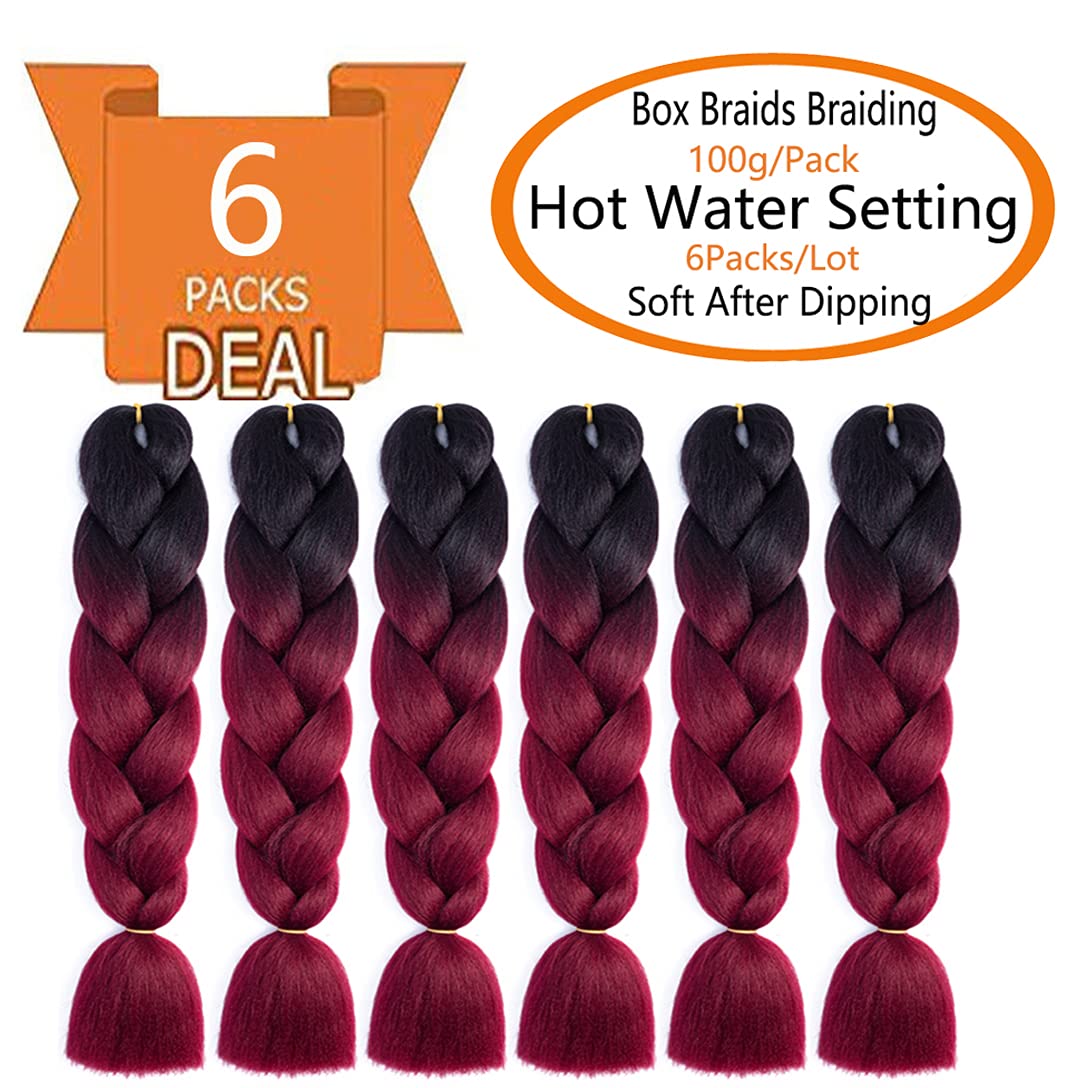 SHUOHAN 6 Packs Ombre Jumbo Braiding Hair Extensions 24 Inch High Temperature Synthetic Fiber Hair Extensions for Box Braids Braiding Hair (Black to Wine Red)