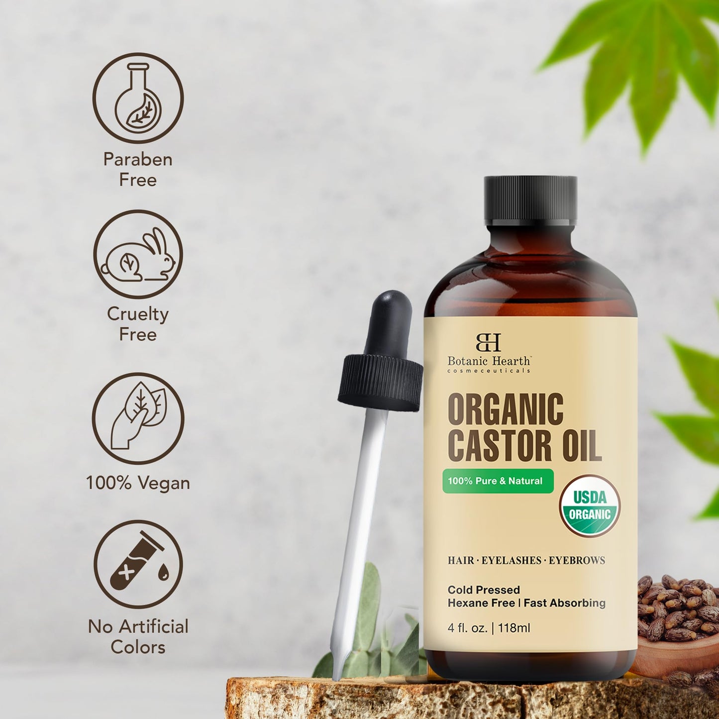 Botanic Hearth Castor Oil | USDA Certified Organic |100% Pure & Hexane Free | Cold Pressed | Growth for Eyelashes, Eyebrows, Hair | With Eyebrow & Eyelash Brush | 4fl oz