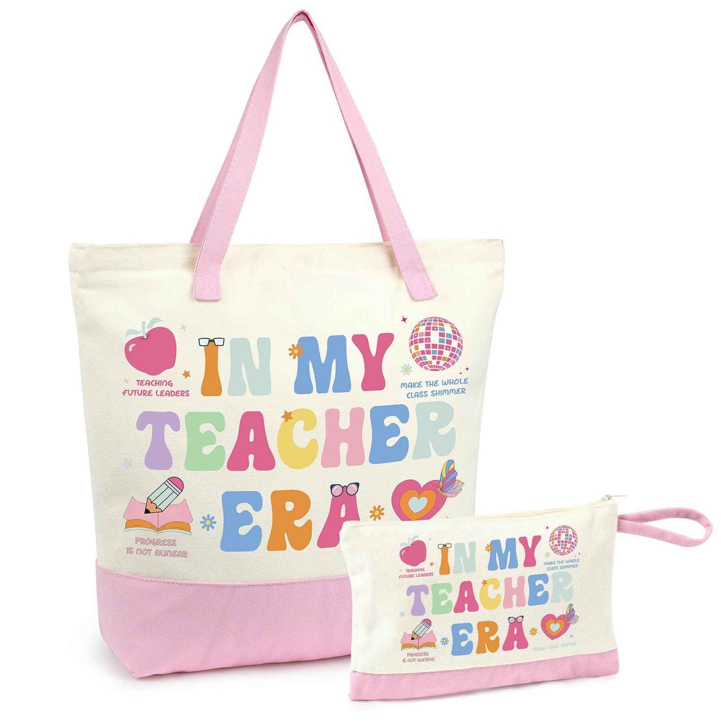 Aileam 2 Pcs Teacher Appreciation Gift Set Canvas Tote Bag Makeup Bag Thank You Teacher Gift Graduation Christmas Reusable Beach Shopping Pink