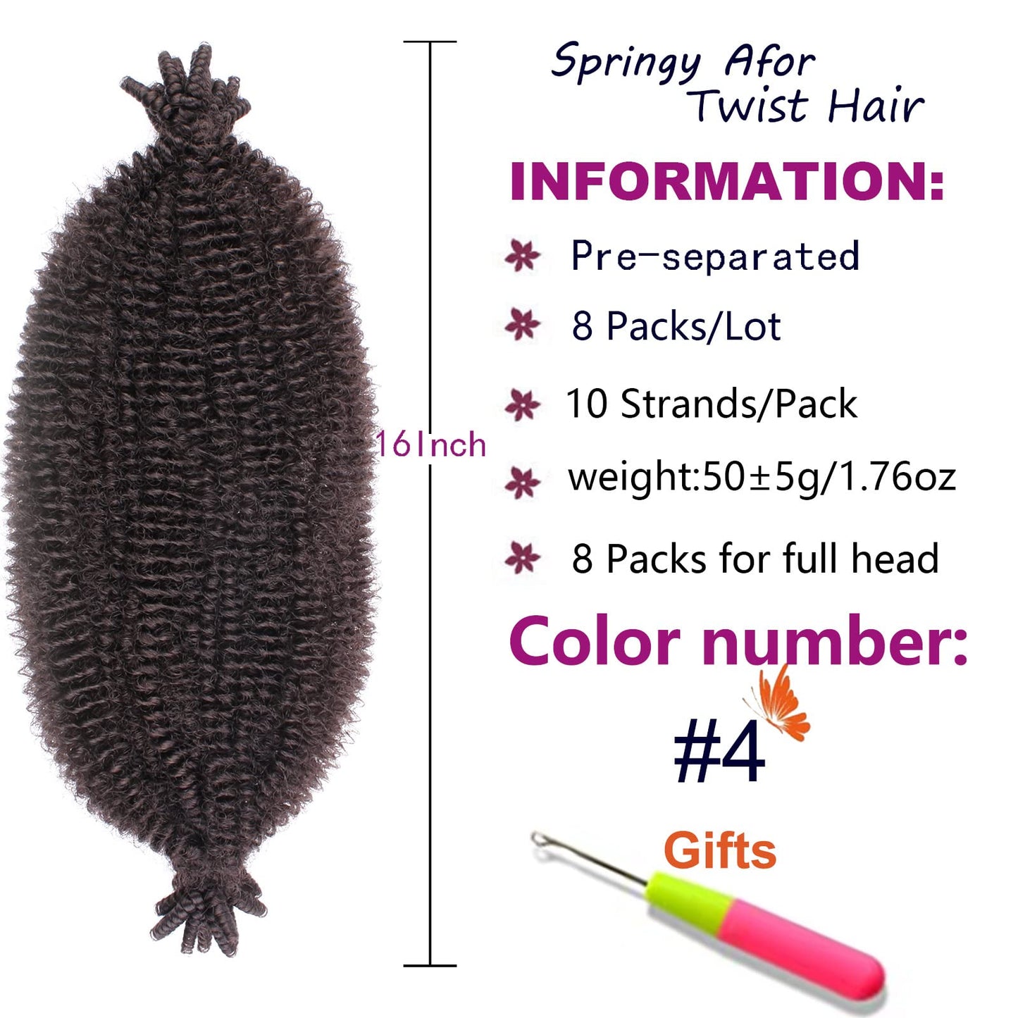 ZRQ 16 Inch Chocolate Brown Springy Afro Twist Hair For Distressed Locs 8 Packs Pre-Fluffed Natural Kinky Twist Synthetic Marley Braiding Hair Extension For Women 8 Strands/Pack (4#)