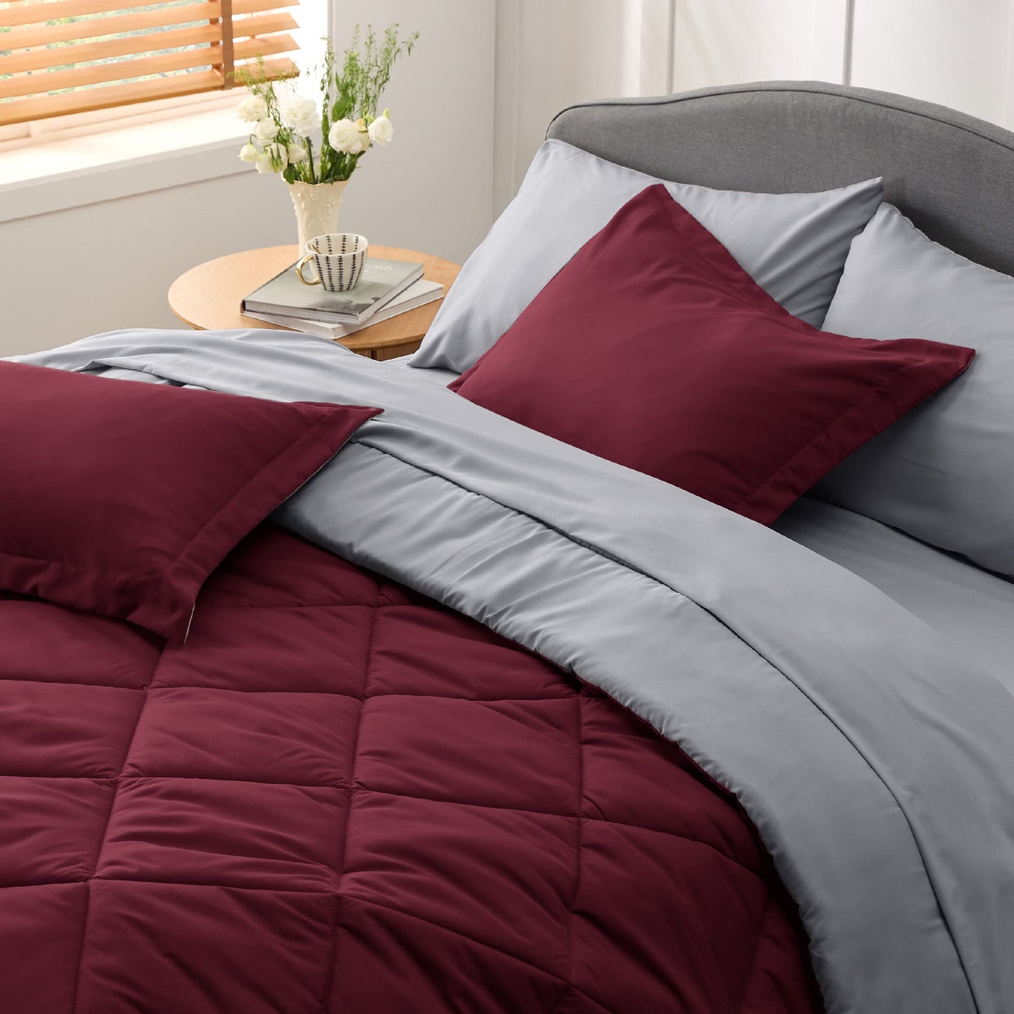 Bedsure Burgundy Twin Comforter Set - 5 Pieces Reversible Twin Bed in a Bag, Extra Long Twin Bed Set with Comforters, Sheets, Pillowcase & Sham, Twin Bedding Sets for College