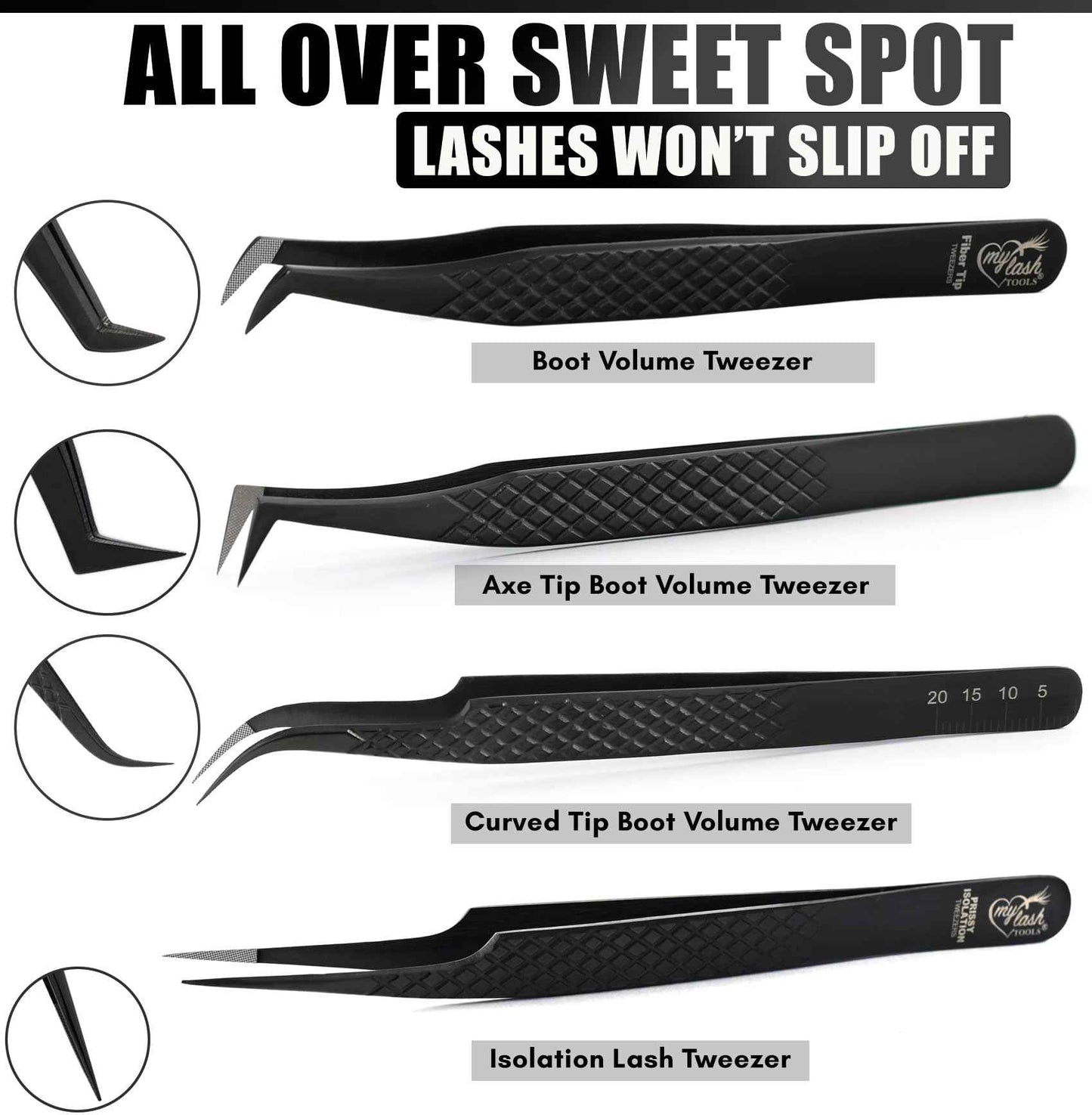 My Lash Tools Eyelash Extension Tweezers Fiber Tip Lash Tweezers, Precision Boot Fiber Tip Volume Tweezers for Lash Extensions Japanese Steel Curved & Isolation Tweezer pinzas para pestaas (4pcs Set)