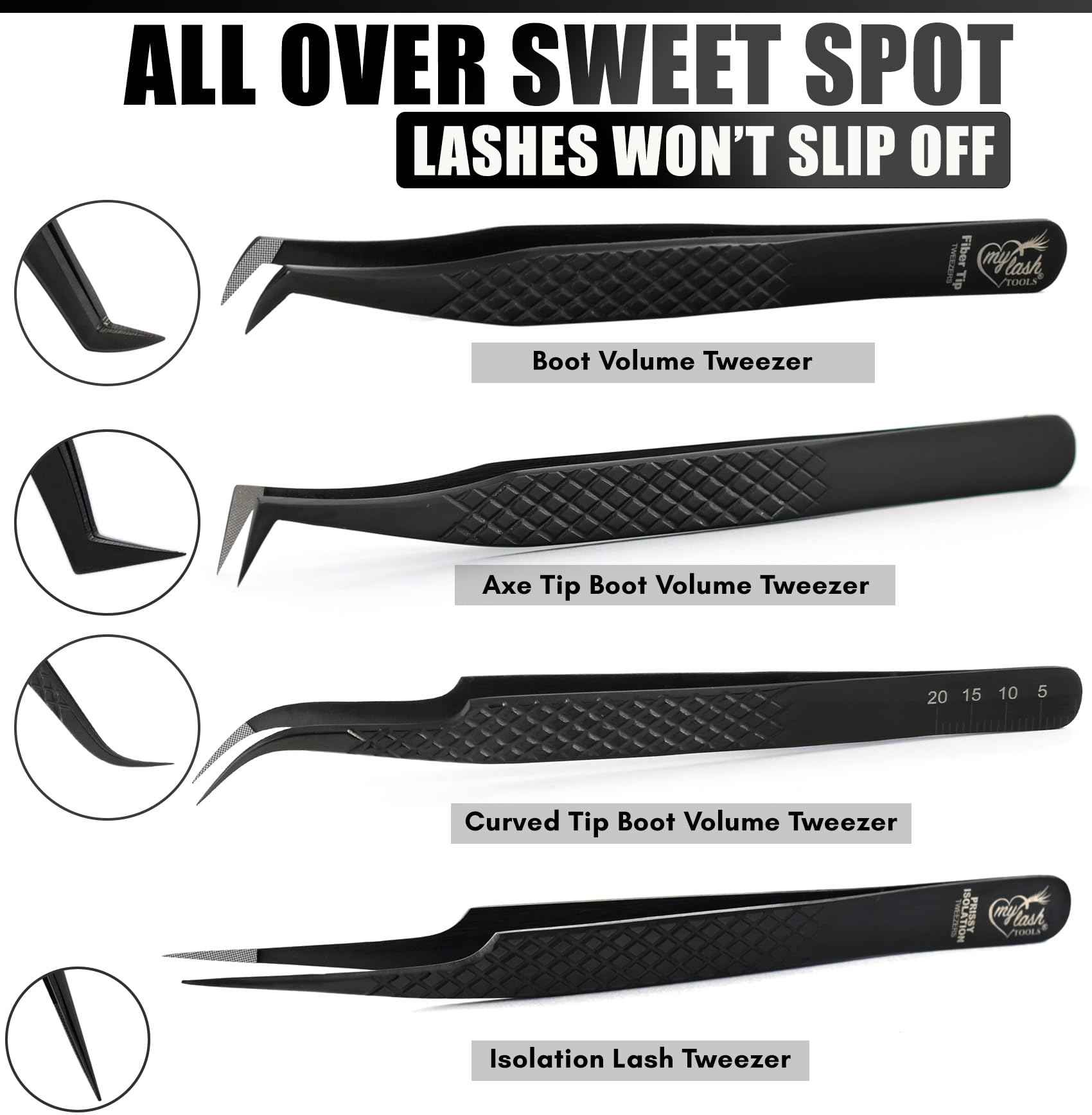My Lash Tools Eyelash Extension Tweezers Fiber Tip Lash Tweezers, Precision Boot Fiber Tip Volume Tweezers for Lash Extensions Japanese Steel Curved & Isolation Tweezer pinzas para pestaas (4pcs Set)